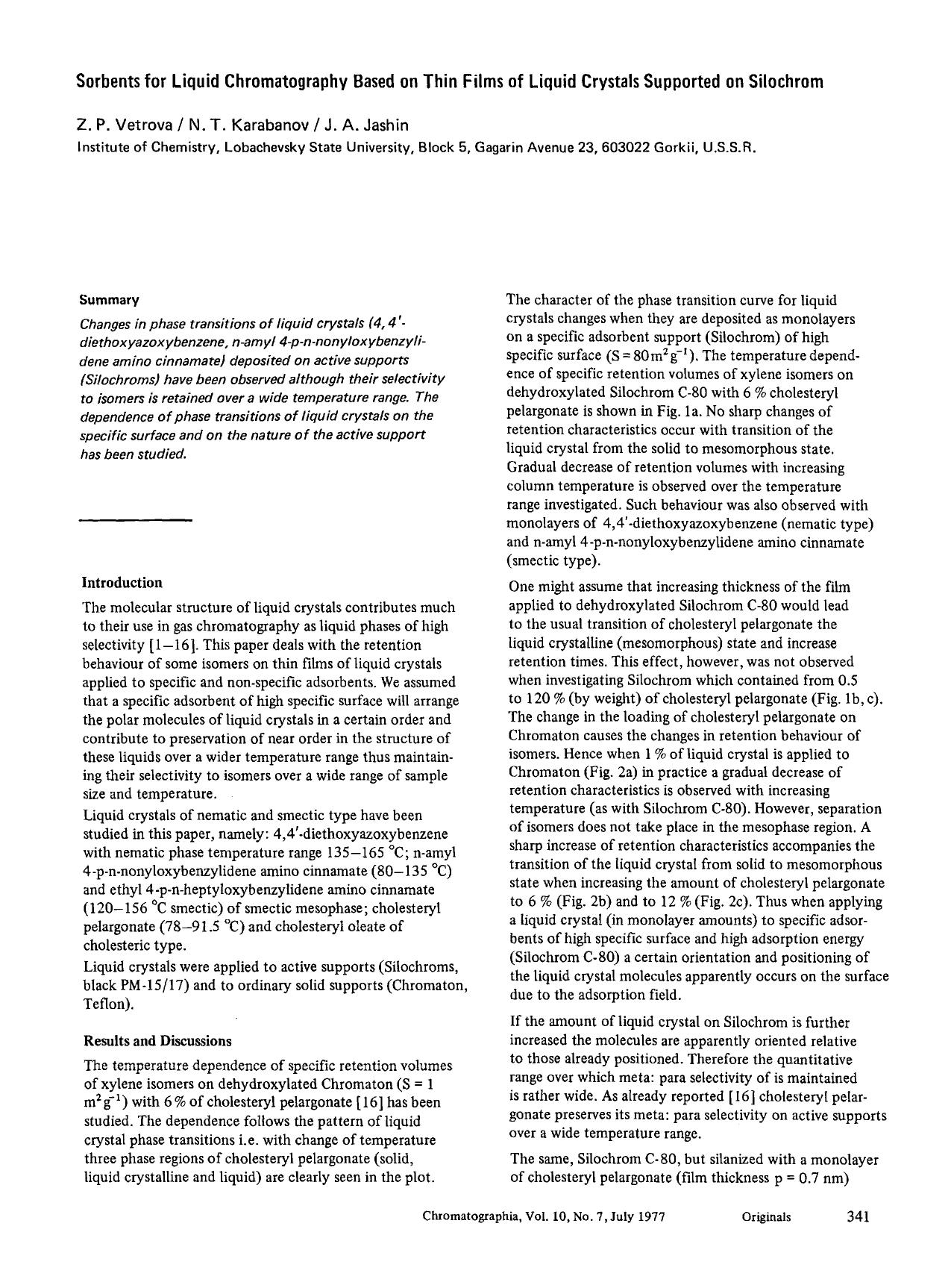 Sorbents for liquid chromatography based on thin films of liquid crystals supported on silochrom by Unknown