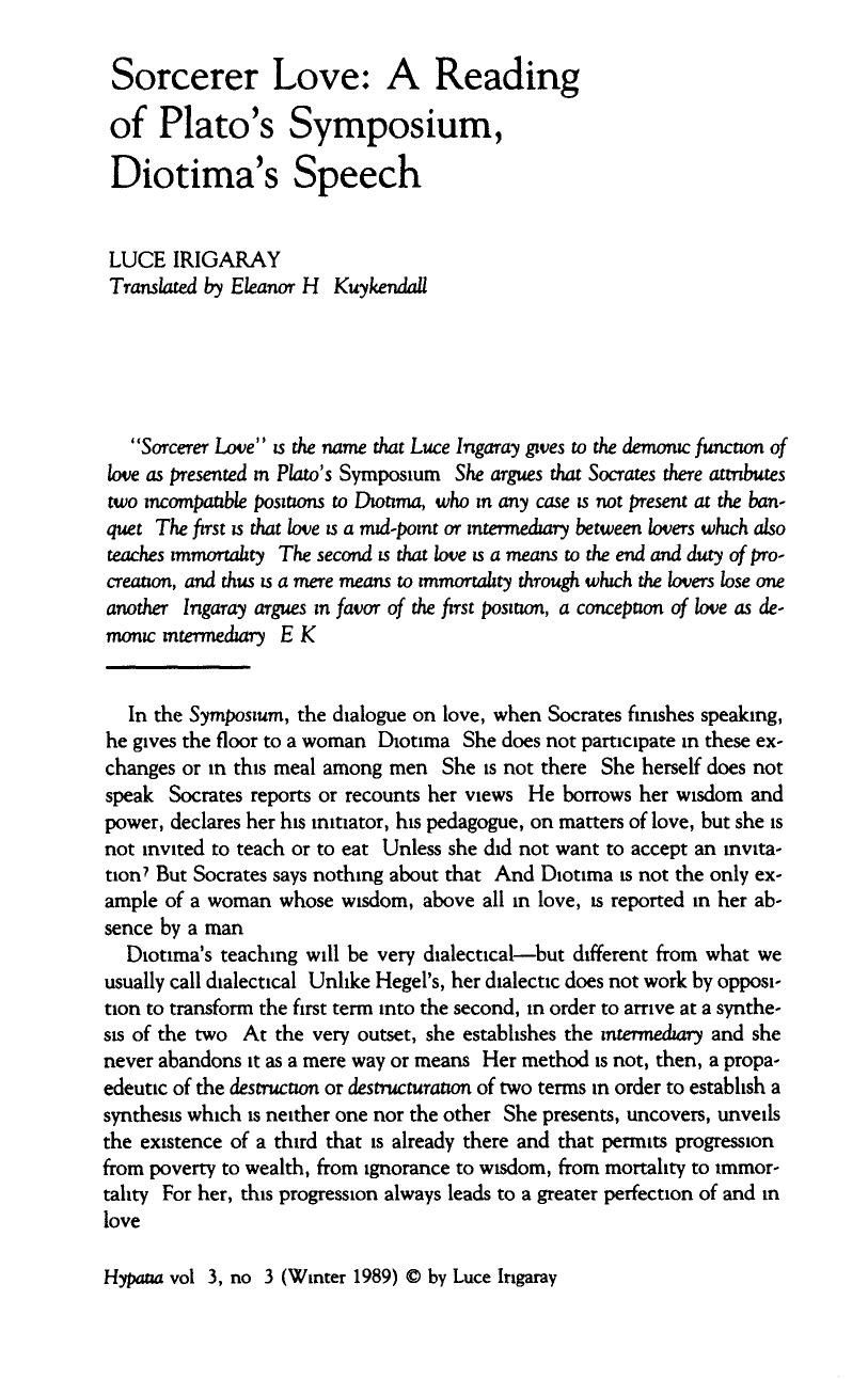Sorcerer Love: A Reading of Plato's Symposium, Diotima's Speech. by Unknown