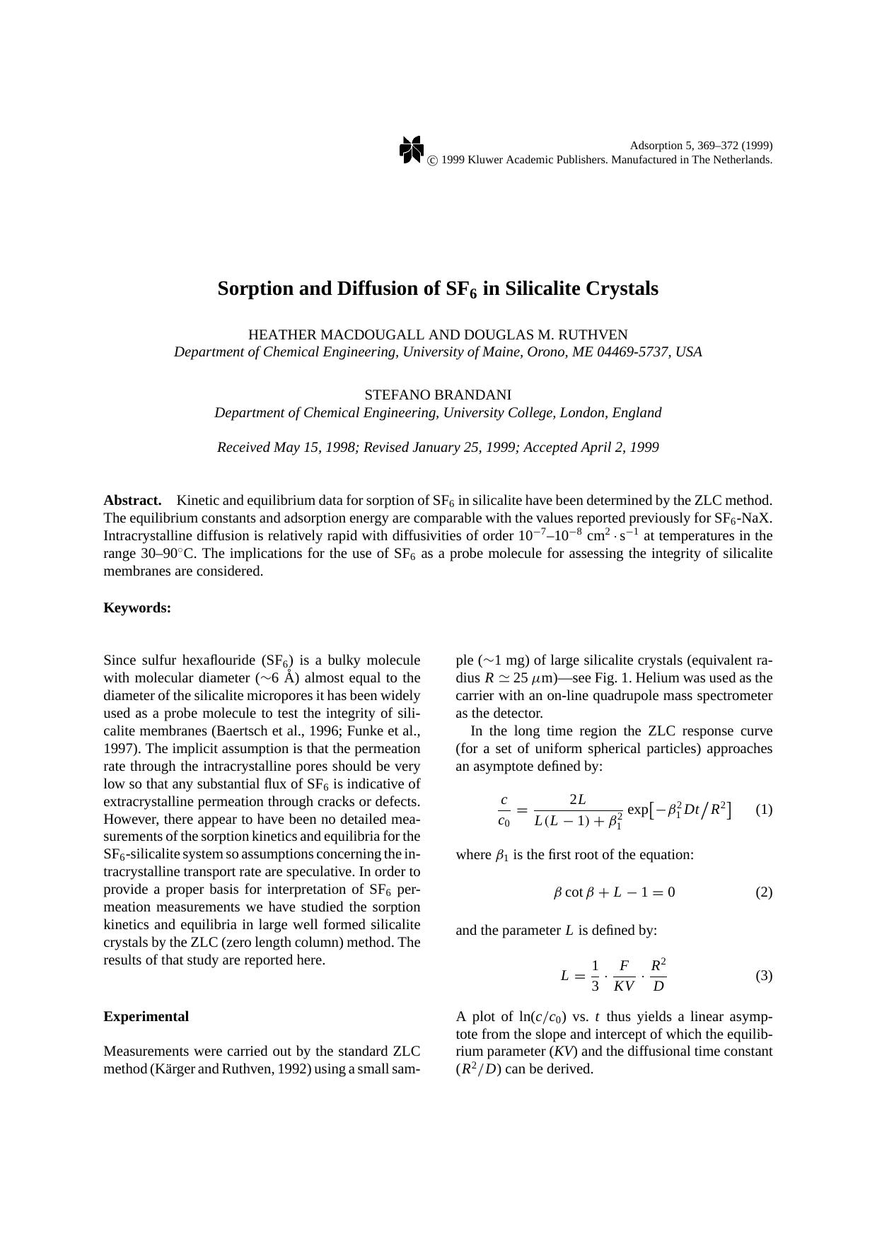 Sorption and Diffusion of SF6 in Silicalite Crystals by Unknown