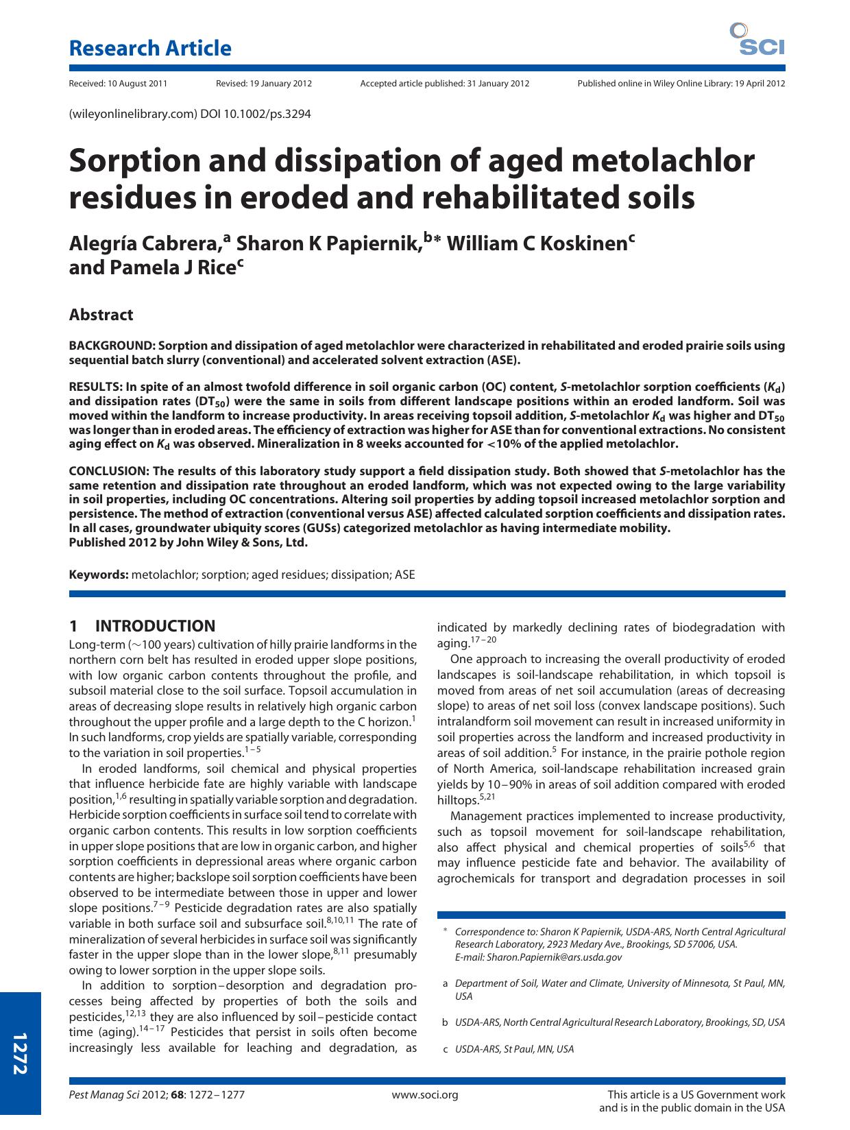Sorption and dissipation of aged metolachlor residues in eroded and rehabilitated soils by Unknown