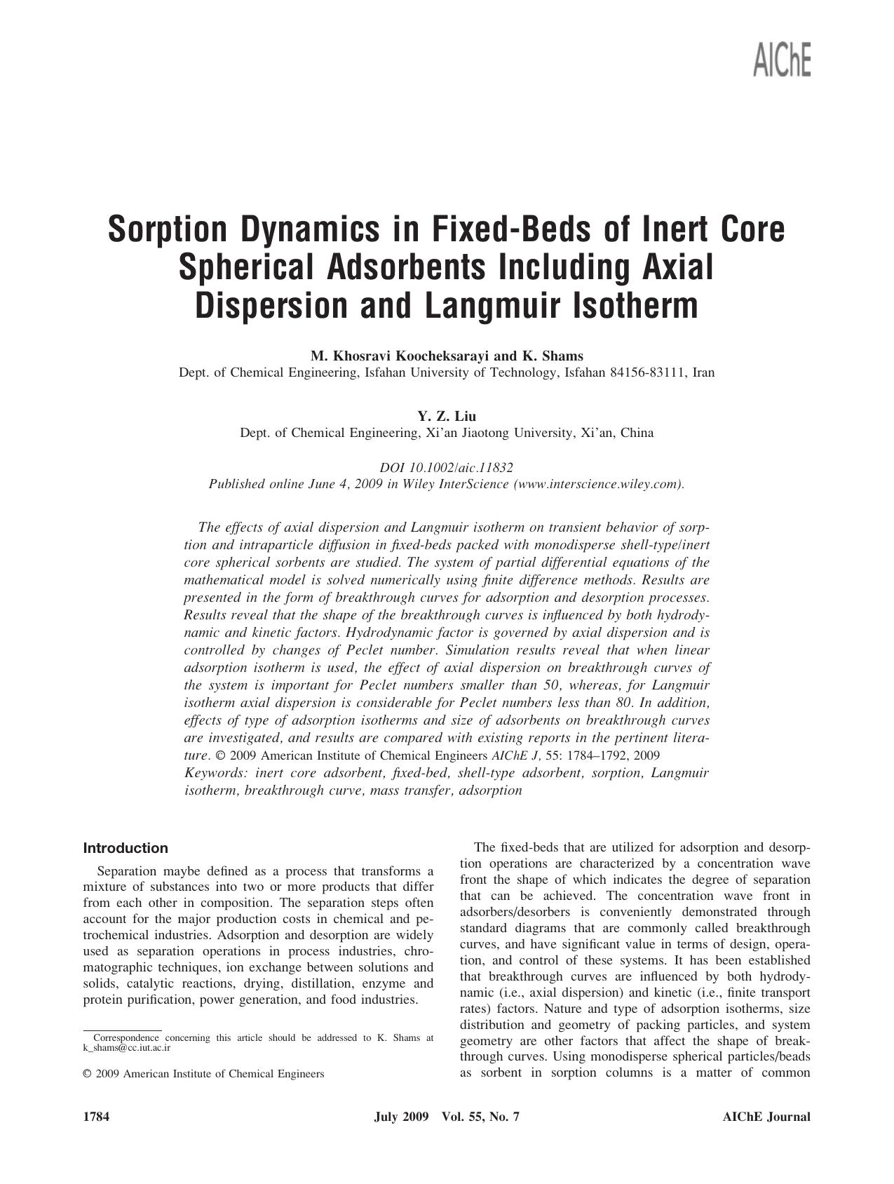 Sorption dynamics in fixed-beds of inert core spherical adsorbents including axial dispersion and Langmuir isotherm by Unknown