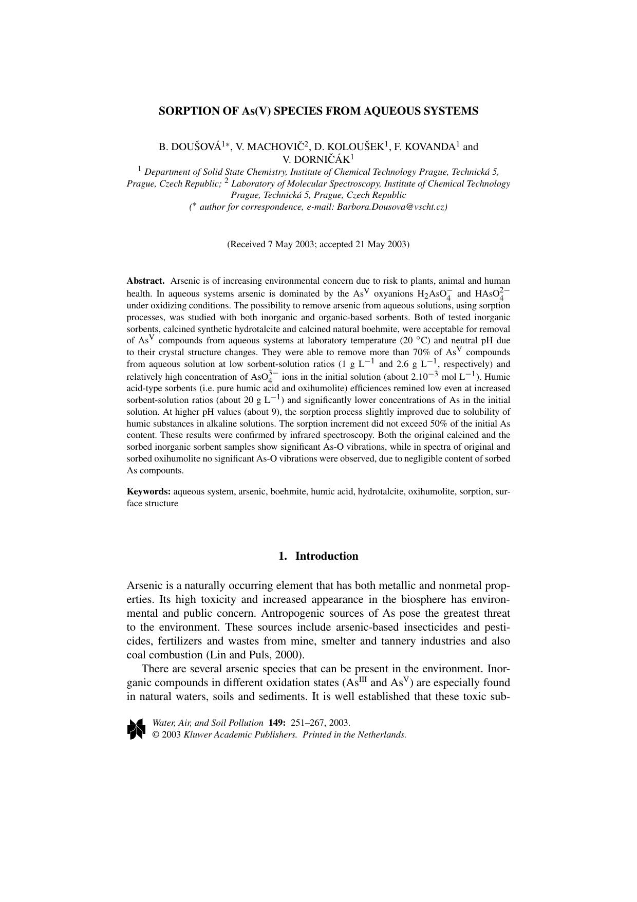Sorption of As(V) Species from Aqueous Systems by Unknown