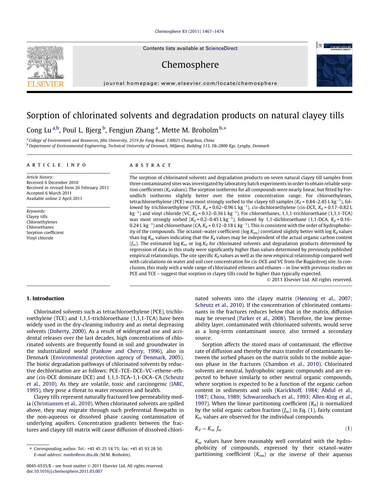 Sorption of chlorinated solvents and degradation products on natural clayey tills by Cong Lu & Poul L. Bjerg & Fengjun Zhang & Mette M. Broholm