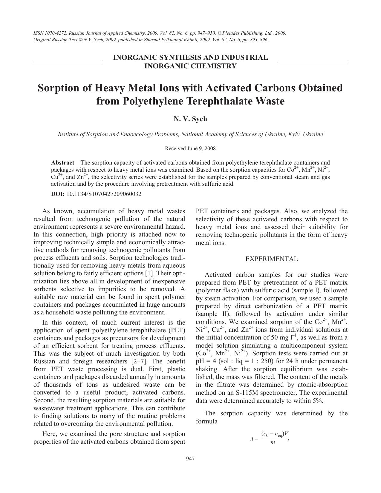 Sorption of heavy metal ions with activated carbons obtained from polyethylene terephthalate waste by Unknown