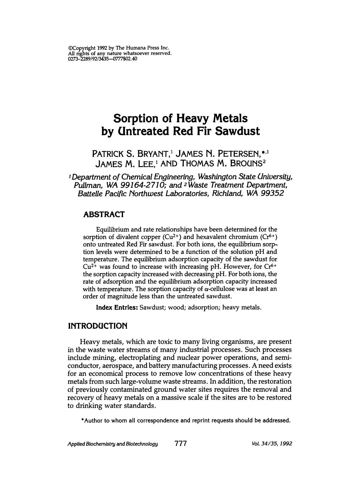 Sorption of heavy metals by untreated red fir sawdust by Unknown