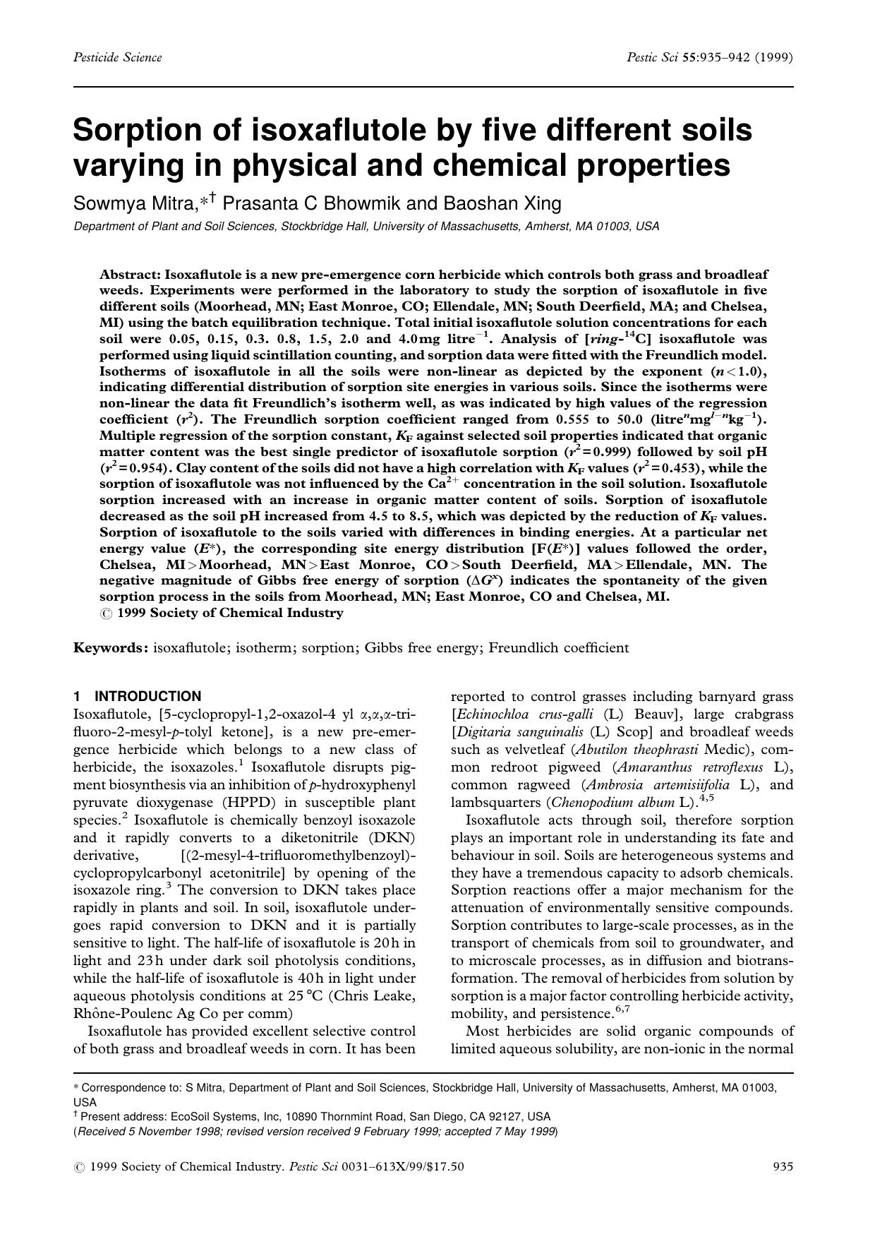 Sorption of isoxaflutole by five different soils varying in physical and chemical properties by Unknown