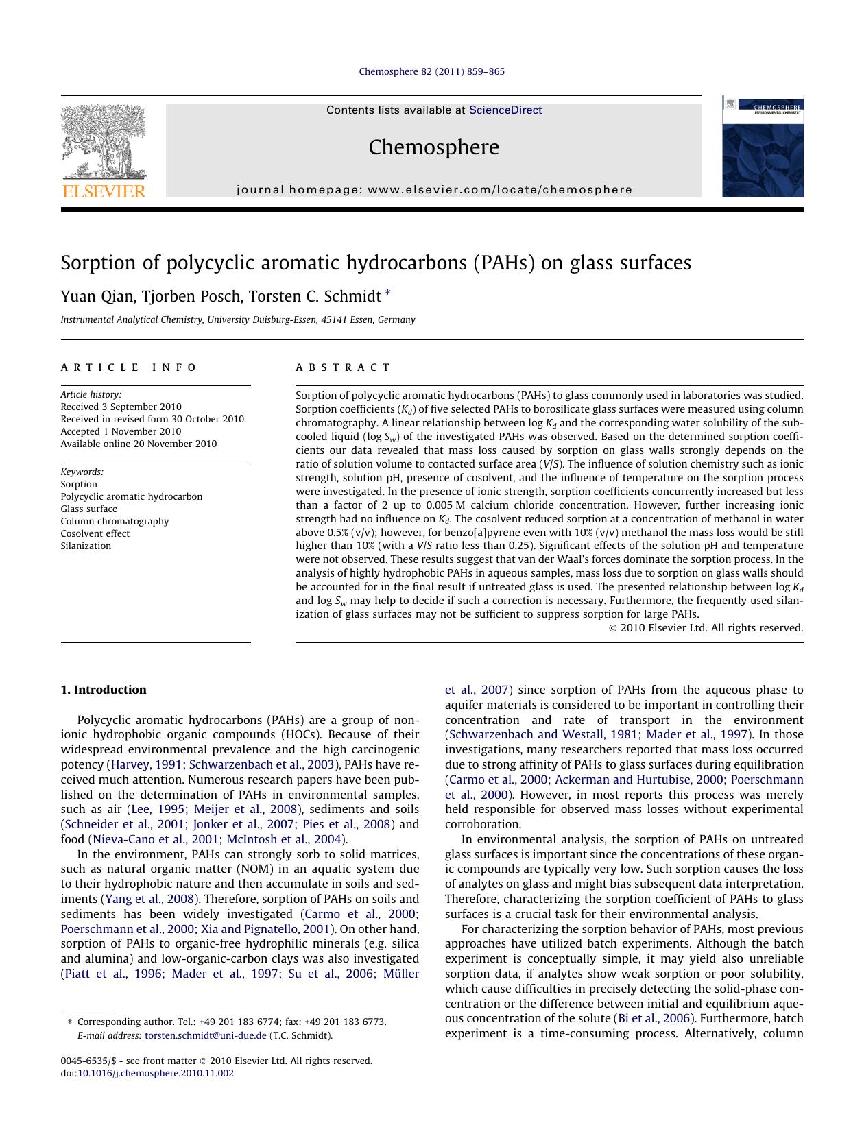 Sorption of polycyclic aromatic hydrocarbons (PAHs) on glass surfaces by Yuan Qian & Tjorben Posch & Torsten C. Schmidt