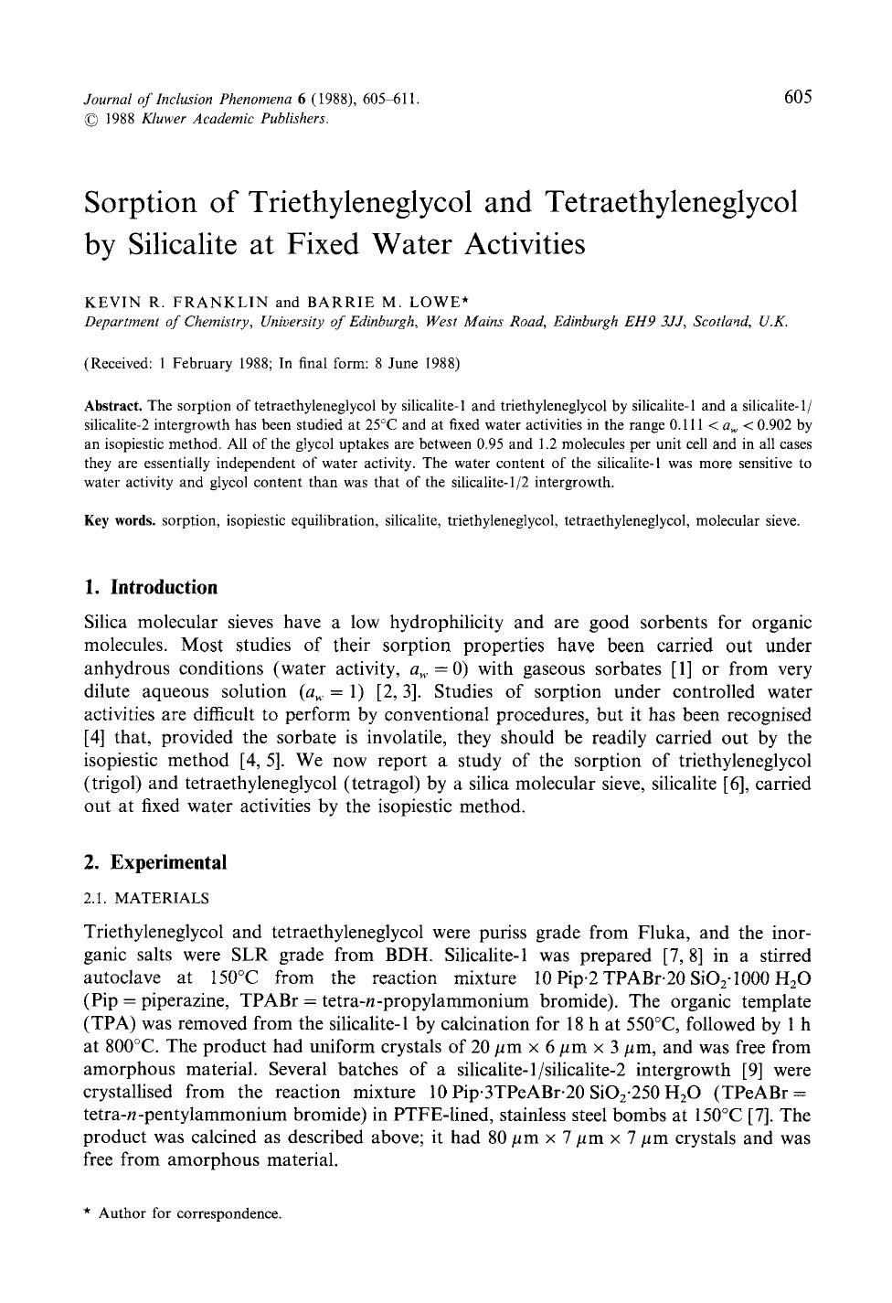 Sorption of triethyleneglycol and tetraethyleneglycol by silicalite at fixed water activities by Unknown