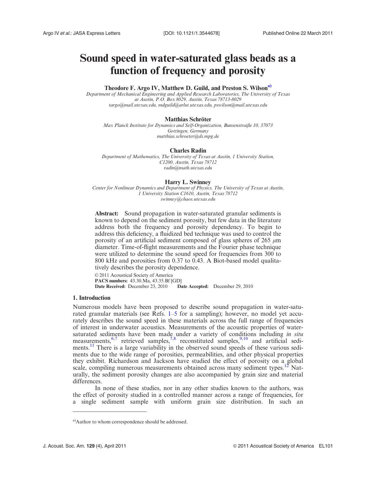 Sound speed in water-saturated glass beads as a function of frequency and porosity by unknow