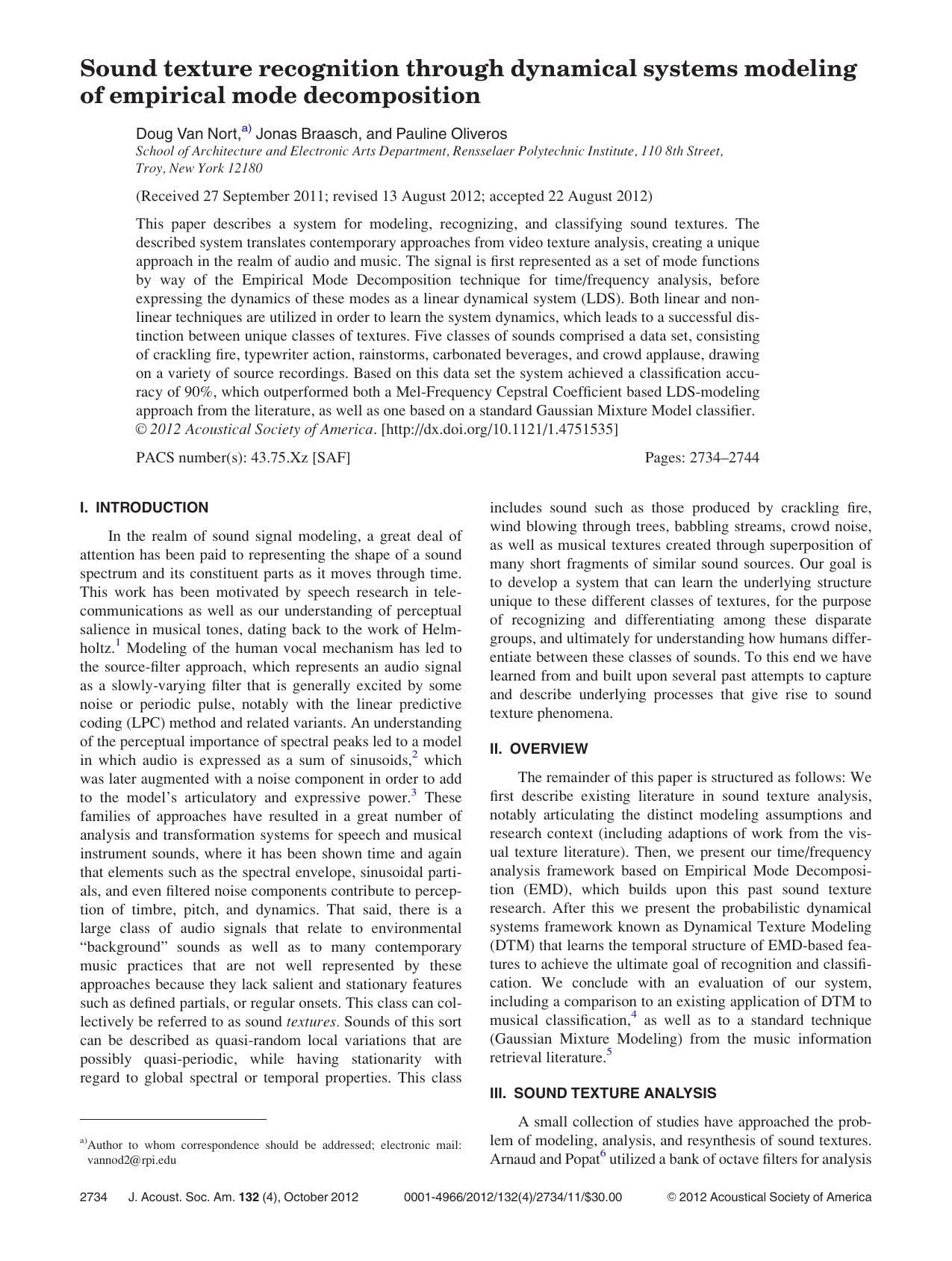 Sound texture recognition through dynamical systems modeling of empirical mode decomposition by Doug Van Nort a) Jonas Braasch and Pauline Oliveros