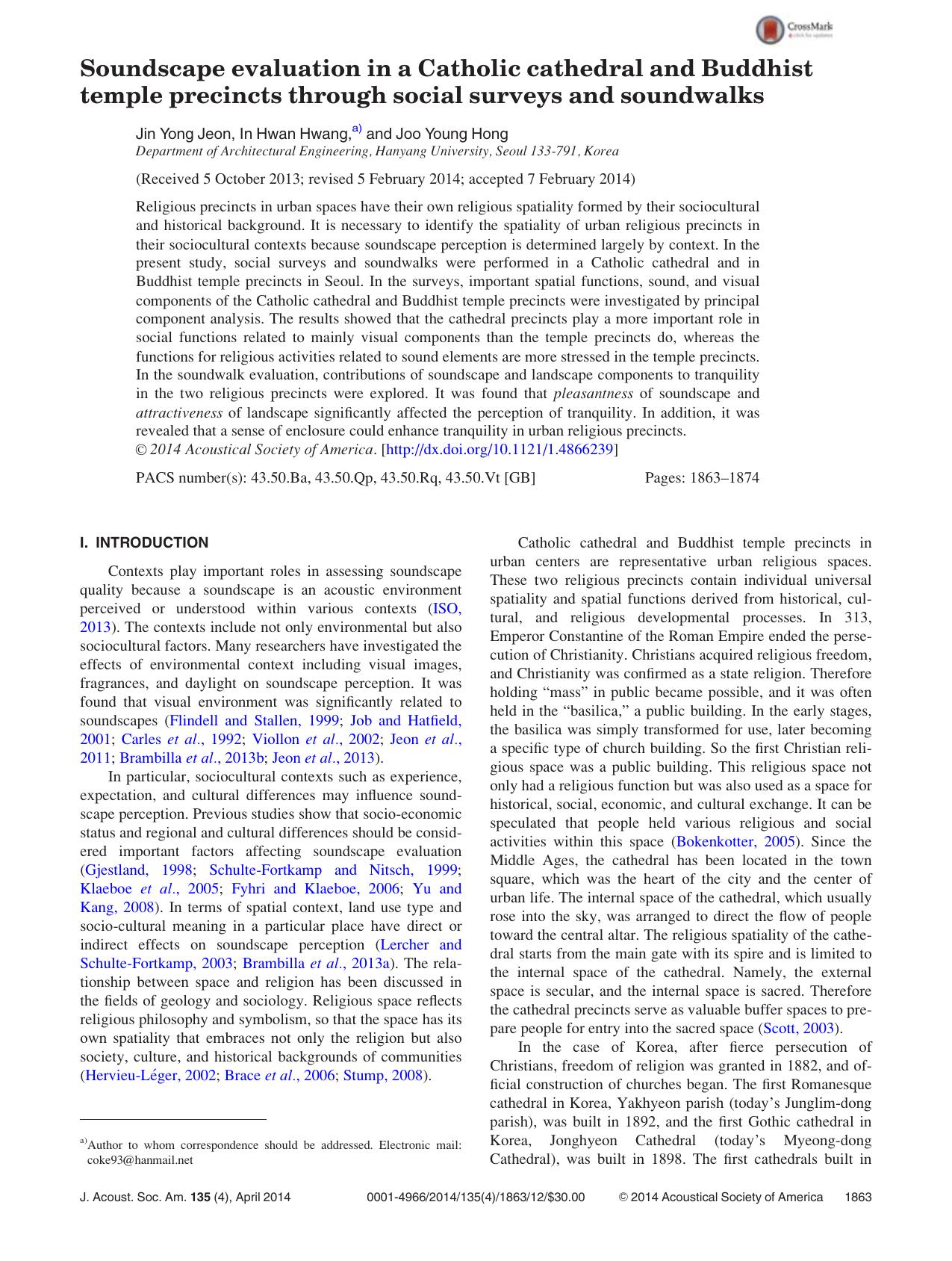 Soundscape evaluation in a Catholic cathedral and Buddhist temple precincts through social surveys and soundwalks by Jin Yong Jeon In Hwan Hwang a) and Joo Young Hong