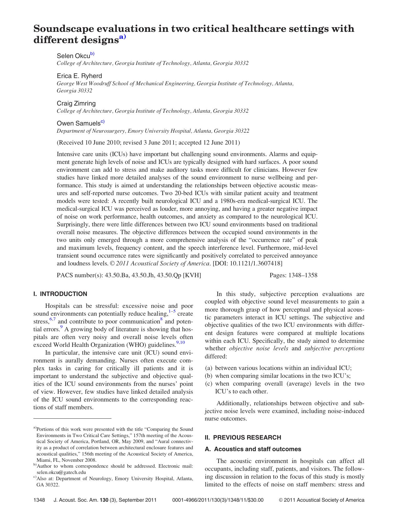 Soundscape evaluations in two critical healthcare settings with different designs by Selen Okcu Erica E. Ryherd Craig Zimring and Owen Samuels