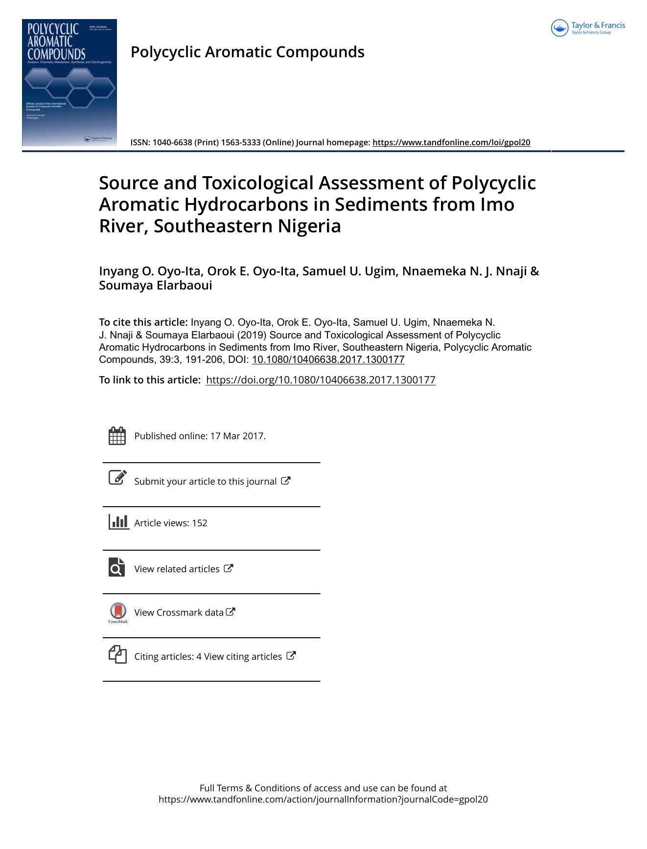Source and Toxicological Assessment of Polycyclic Aromatic Hydrocarbons in Sediments from Imo River, Southeastern Nigeria by Inyang O. Oyo-Ita & Orok E. Oyo-Ita & Samuel U. Ugim & Nnaemeka N. J. Nnaji & Soumaya Elarbaoui