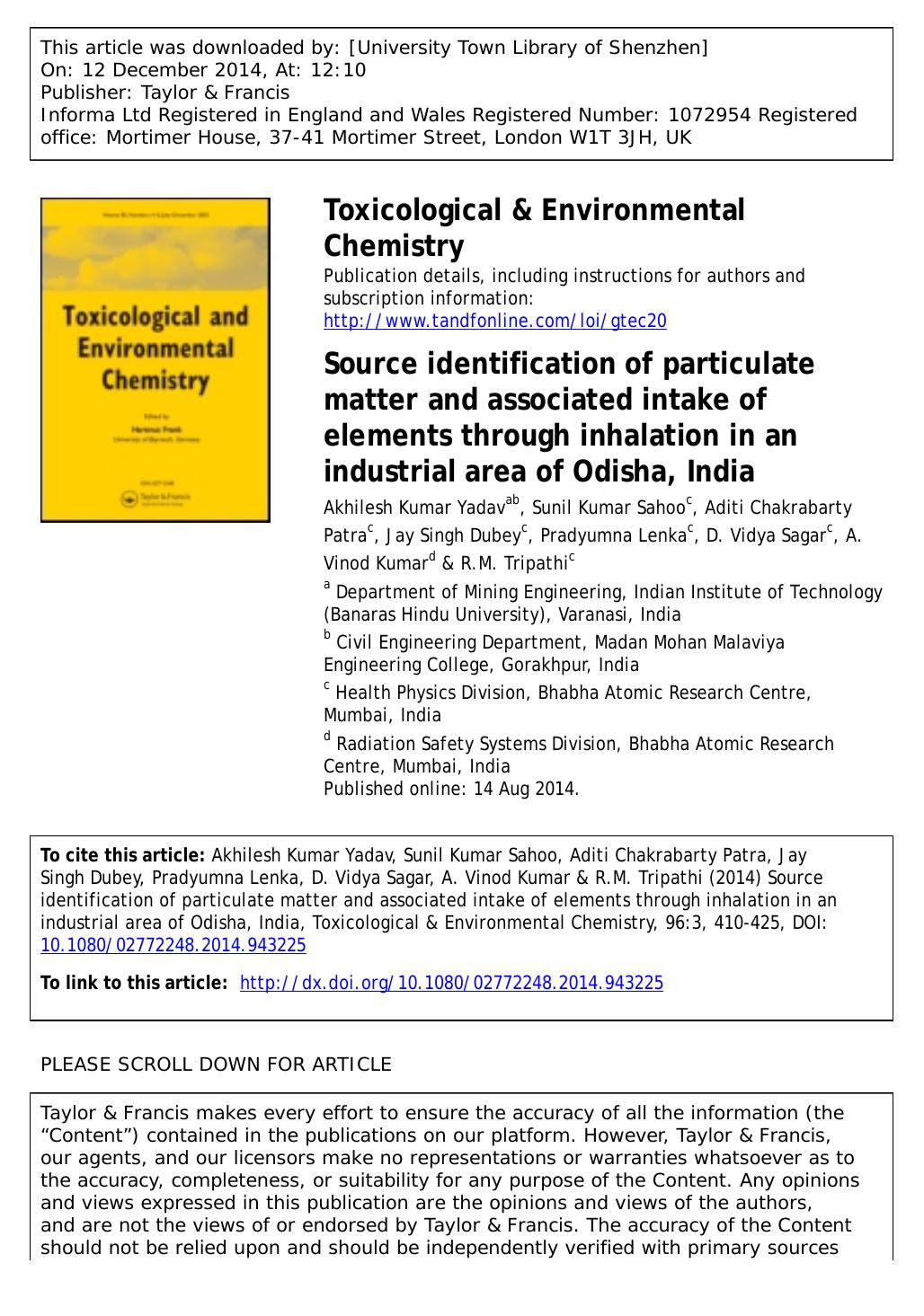 Source identification of particulate matter and associated intake of elements through inhalation in an industrial area of Odisha, India by Akhilesh Kumar Yadav
