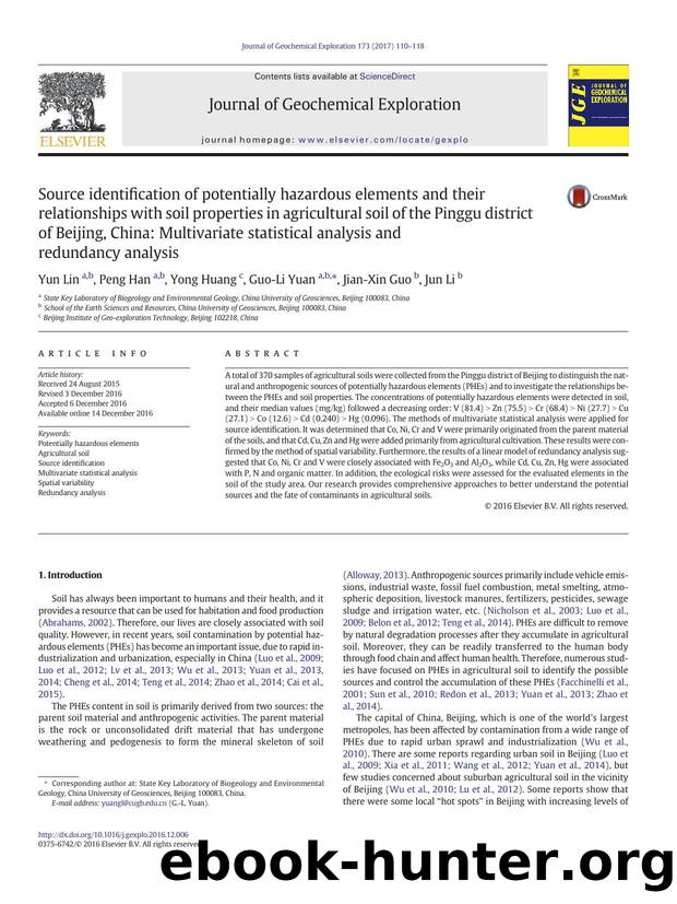 Source identification of potentially hazardous elements and their relationships with soil properties in agricultural soil of the Pinggu district of Beijing, China: Multivariate sta by Yun Lin & Peng Han & Yong Huang & Guo-Li Yuan & Jian-Xin Guo & Jun Li