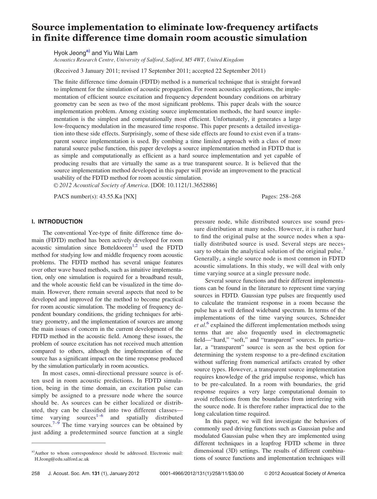 Source implementation to eliminate low-frequency artifacts in finite difference time domain room acoustic simulation by Hyok Jeong and Yiu Wai Lam