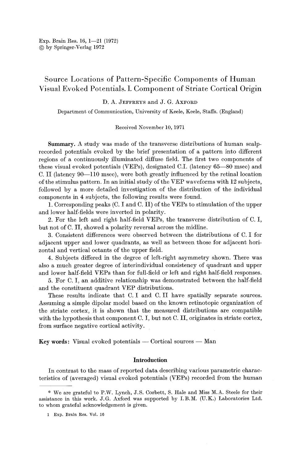 Source locations of pattern-specific components of human visual evoked potentials. I. Component of striate cortical origin by Unknown