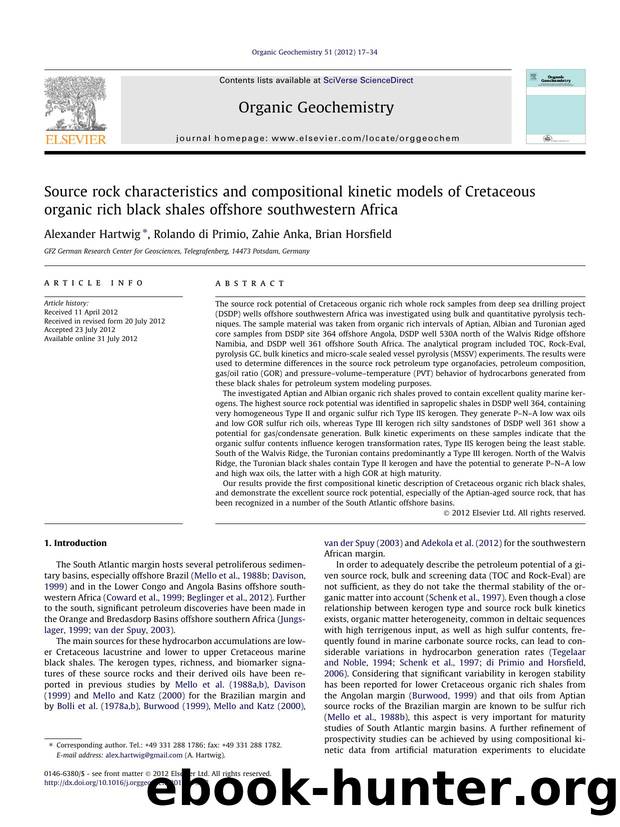 Source rock characteristics and compositional kinetic models of Cretaceous organic rich black shales offshore southwestern Africa by Alexander Hartwig & Rolando di Primio & Zahie Anka & Brian Horsfield