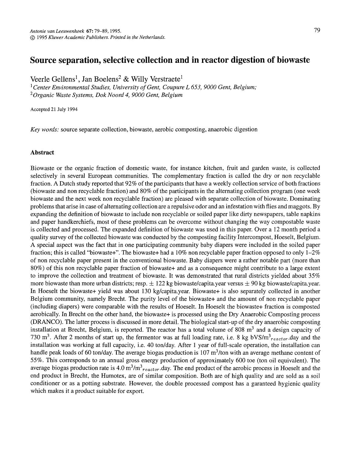 Source separation, selective collection and in reactor digestion of biowaste by Unknown