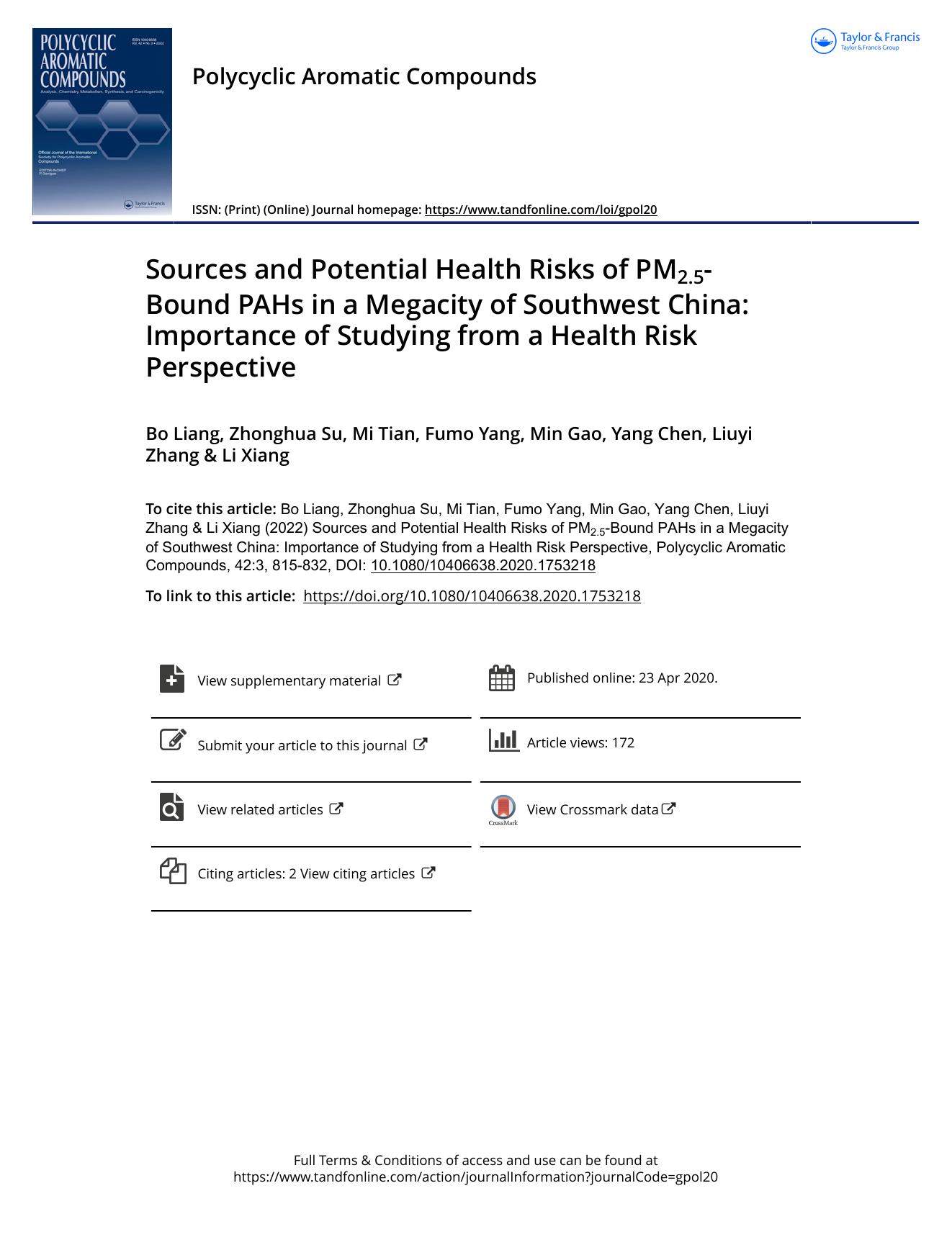 Sources and Potential Health Risks of PM2.5-Bound PAHs in a Megacity of Southwest China: Importance of Studying from a Health Risk Perspective by Liang Bo & Su Zhonghua & Tian Mi & Yang Fumo & Gao Min & Chen Yang & Zhang Liuyi & Xiang Li