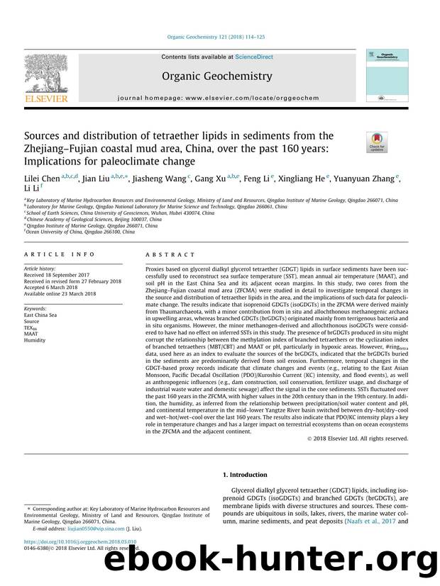 Sources and distribution of tetraether lipids in sediments from the ZhejiangÃ¢â¬âFujian coastal mud area, China, over the past 160Ã¢â¬Â¯years: Implications for paleoclimate change by Lilei Chen & Jian Liu & Jiasheng Wang & Gang Xu & Feng Li & Xingliang He & Yuanyuan Zhang & Li Li