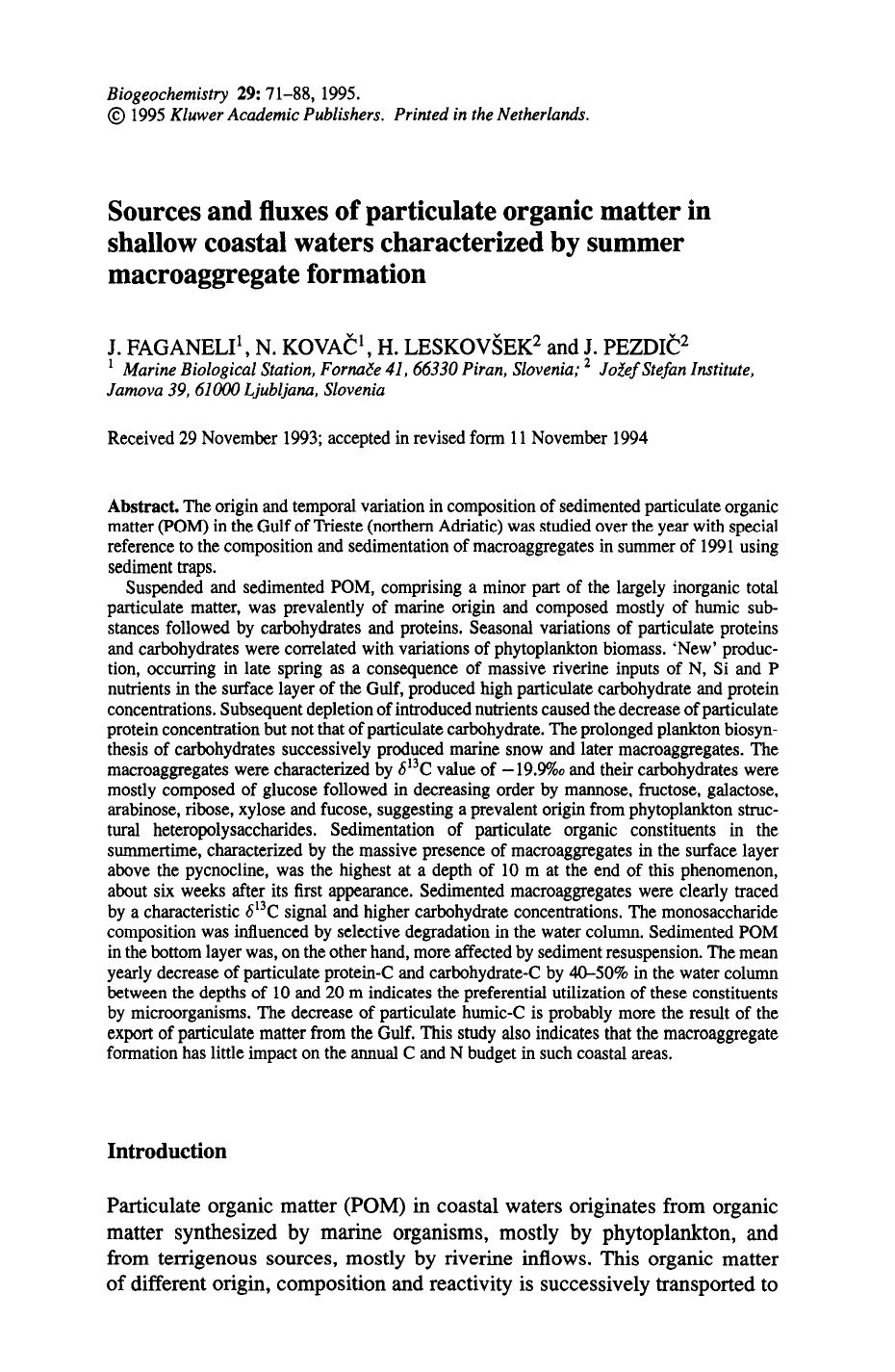 Sources and fluxes of particulate organic matter in shallow coastal waters characterized by summer macroaggregate formation by Unknown