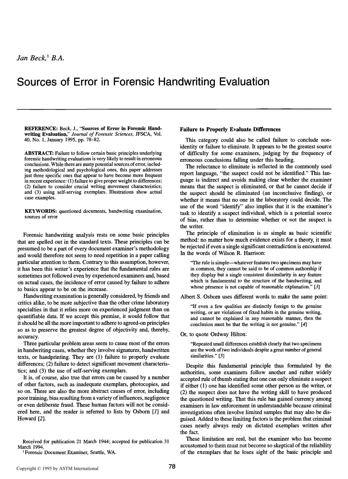 Sources of Error in Forensic Hand-writing Evaluation by Beck J