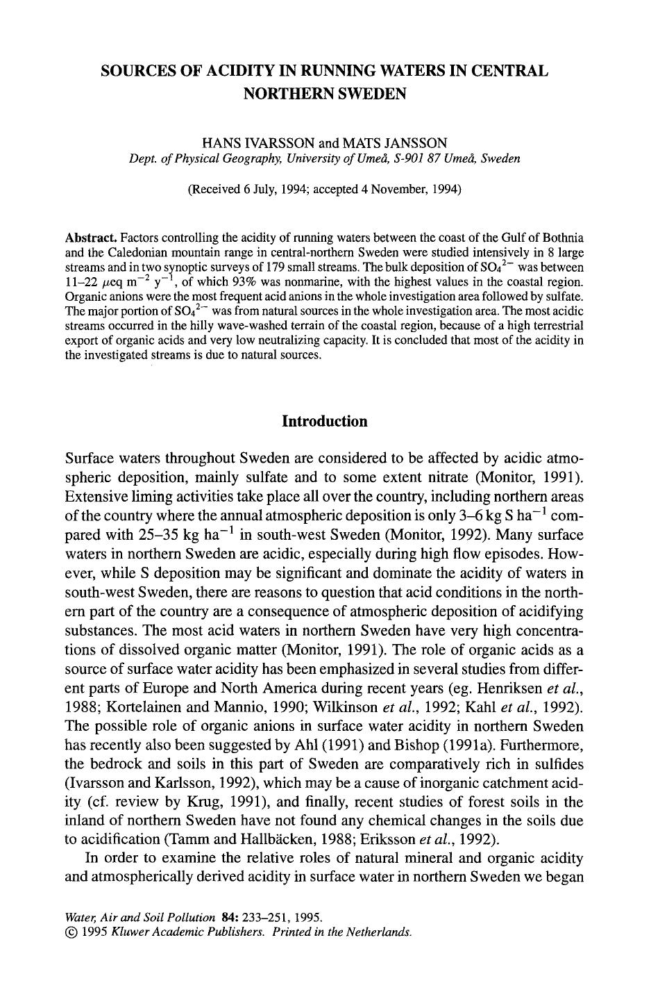Sources of acidity in running waters in central northern Sweden by Unknown