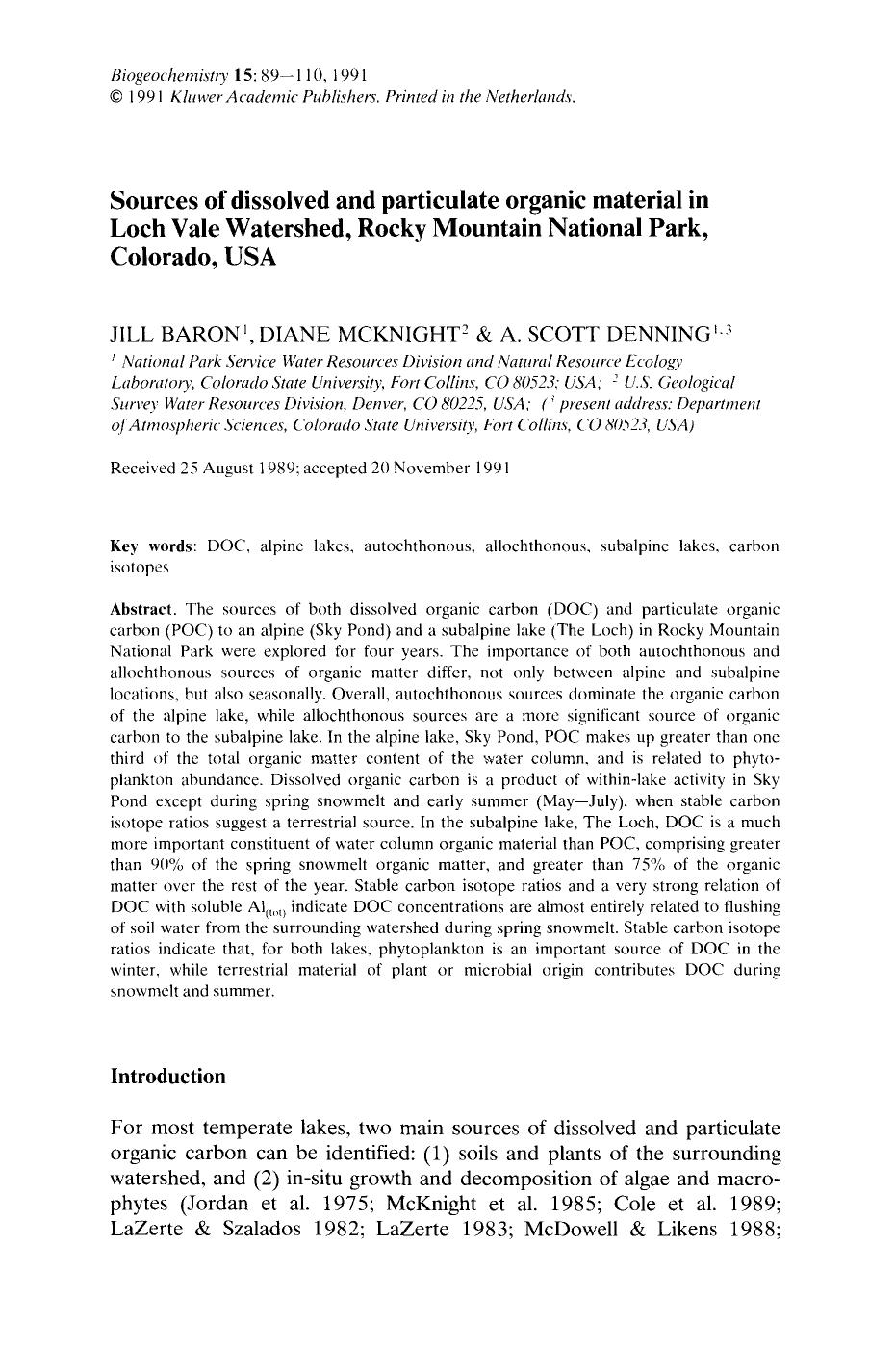 Sources of dissolved and particulate organic material in Loch Vale Watershed, Rocky Mountain National Park, Colorado, USA by Unknown