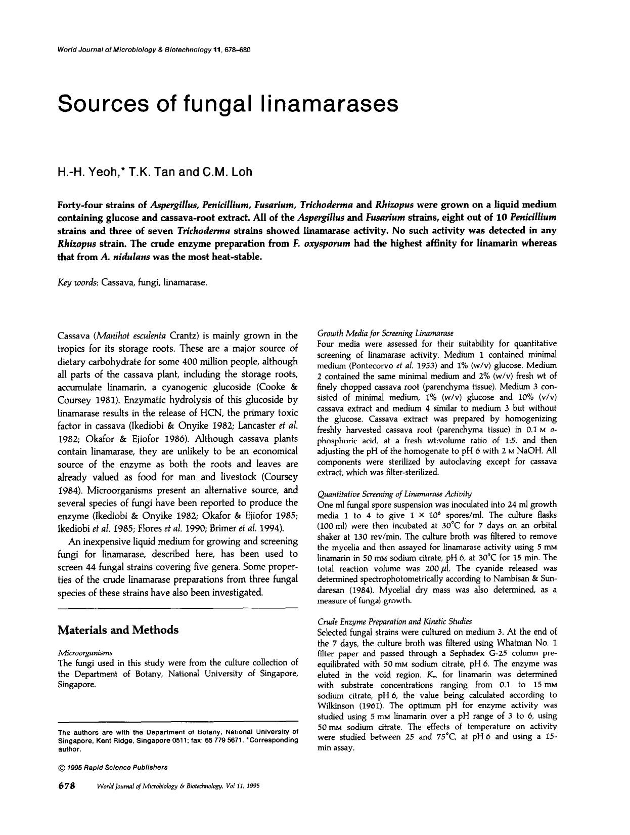 Sources of fungal linamarases by Unknown