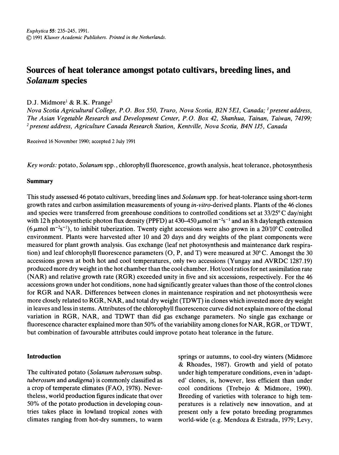 Sources of heat tolerance amongst potato cultivars, breeding lines, and <Emphasis Type="Italic">Solanum<Emphasis> species by Unknown