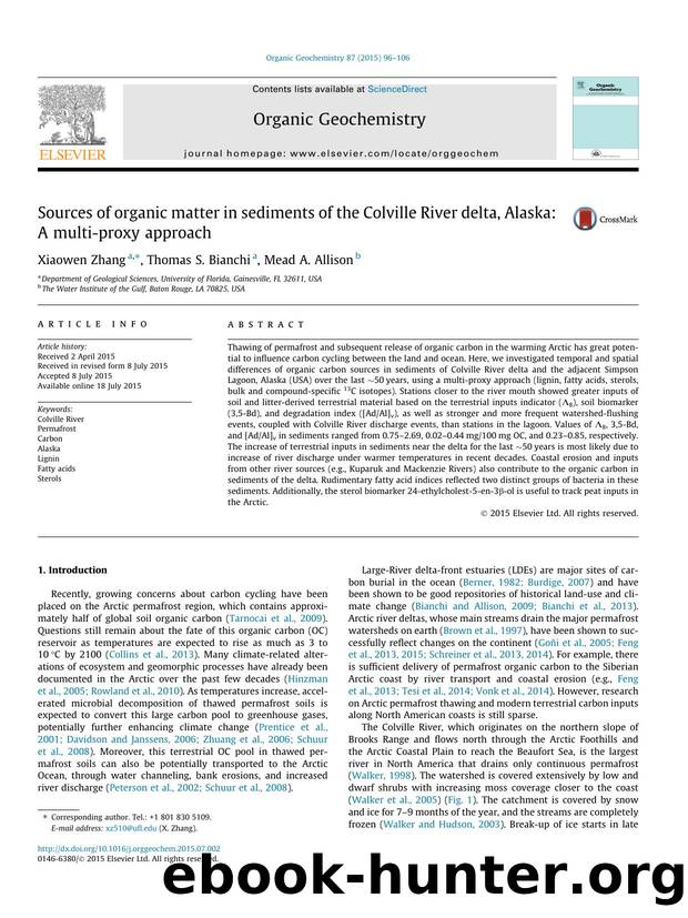 Sources of organic matter in sediments of the Colville River delta, Alaska: A multi-proxy approach by Xiaowen Zhang & Thomas S. Bianchi & Mead A. Allison