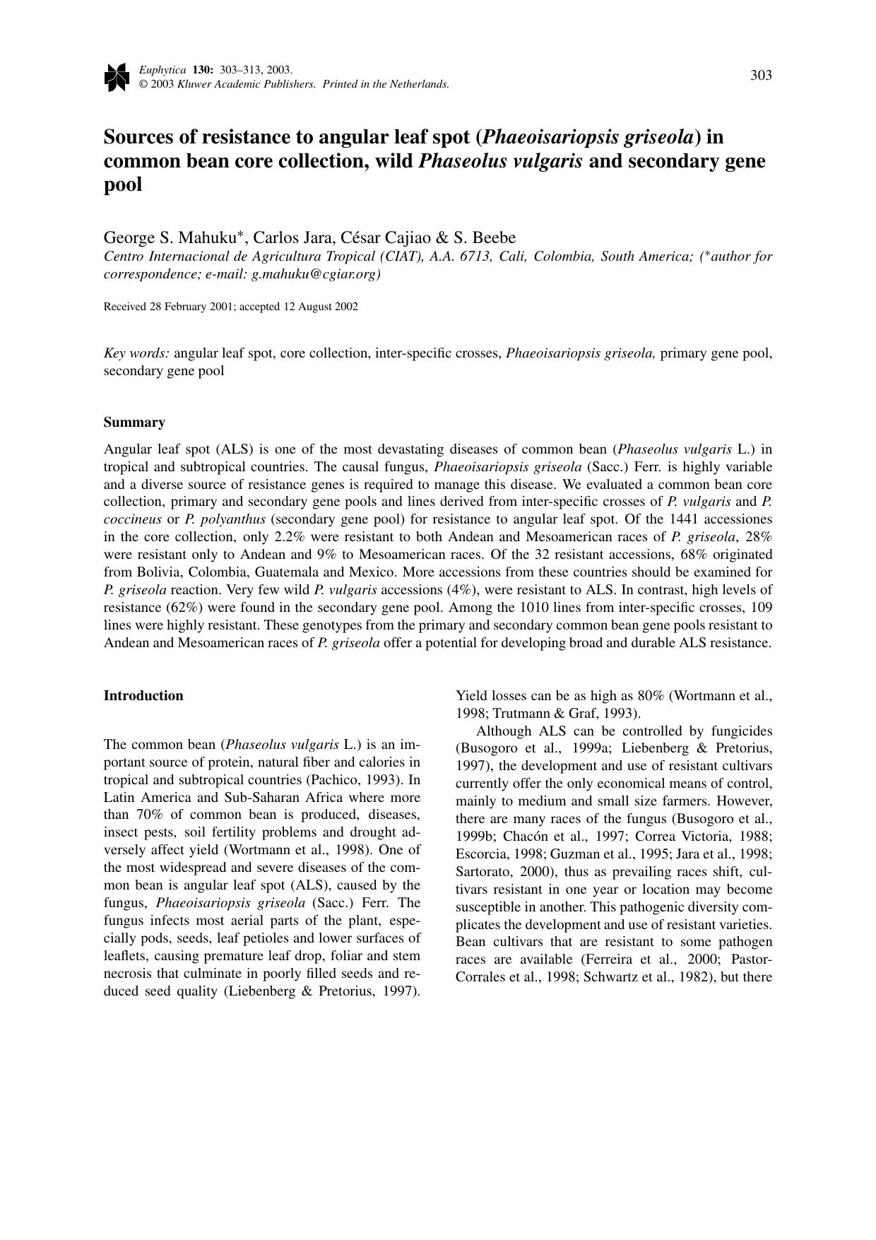 Sources of resistance to angular leaf spot (<Emphasis Type="Italic">Phaeoisariopsis griseola<Emphasis>) in common bean core collection, wild <Emphasis Type="Italic">Phaseolus vulga by Unknown