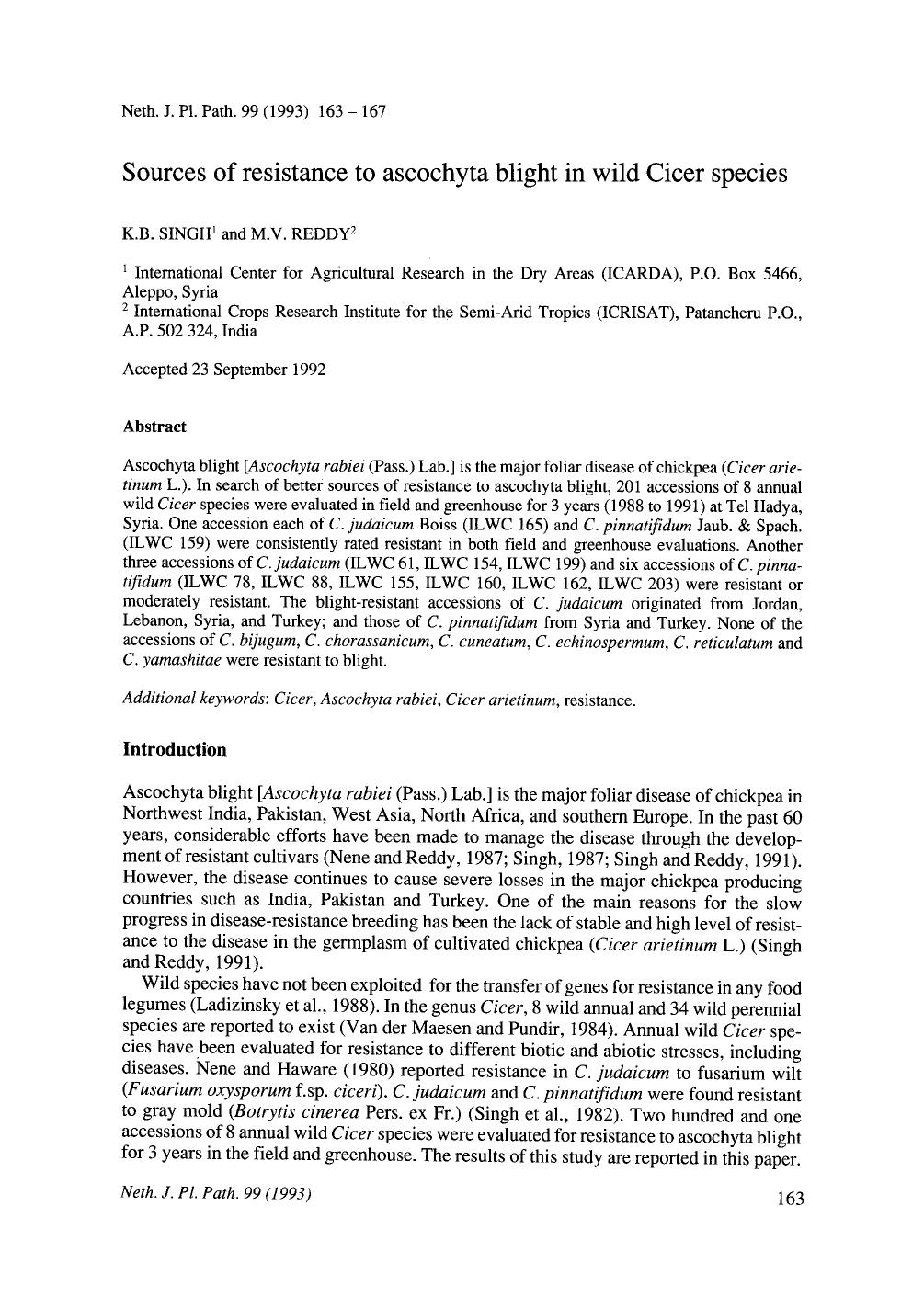 Sources of resistance to ascochyta blight in wild Cicer species by Unknown
