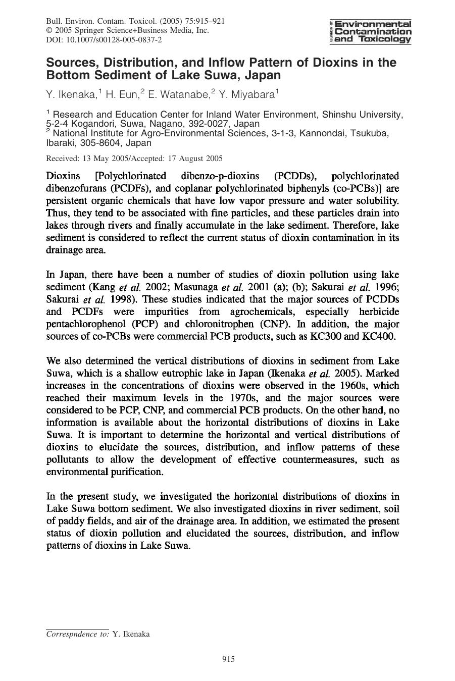 Sources, Distribution, and Inflow Pattern of Dioxins in the Bottom Sediment of Lake Suwa, Japan by Ikenaka Y. et al