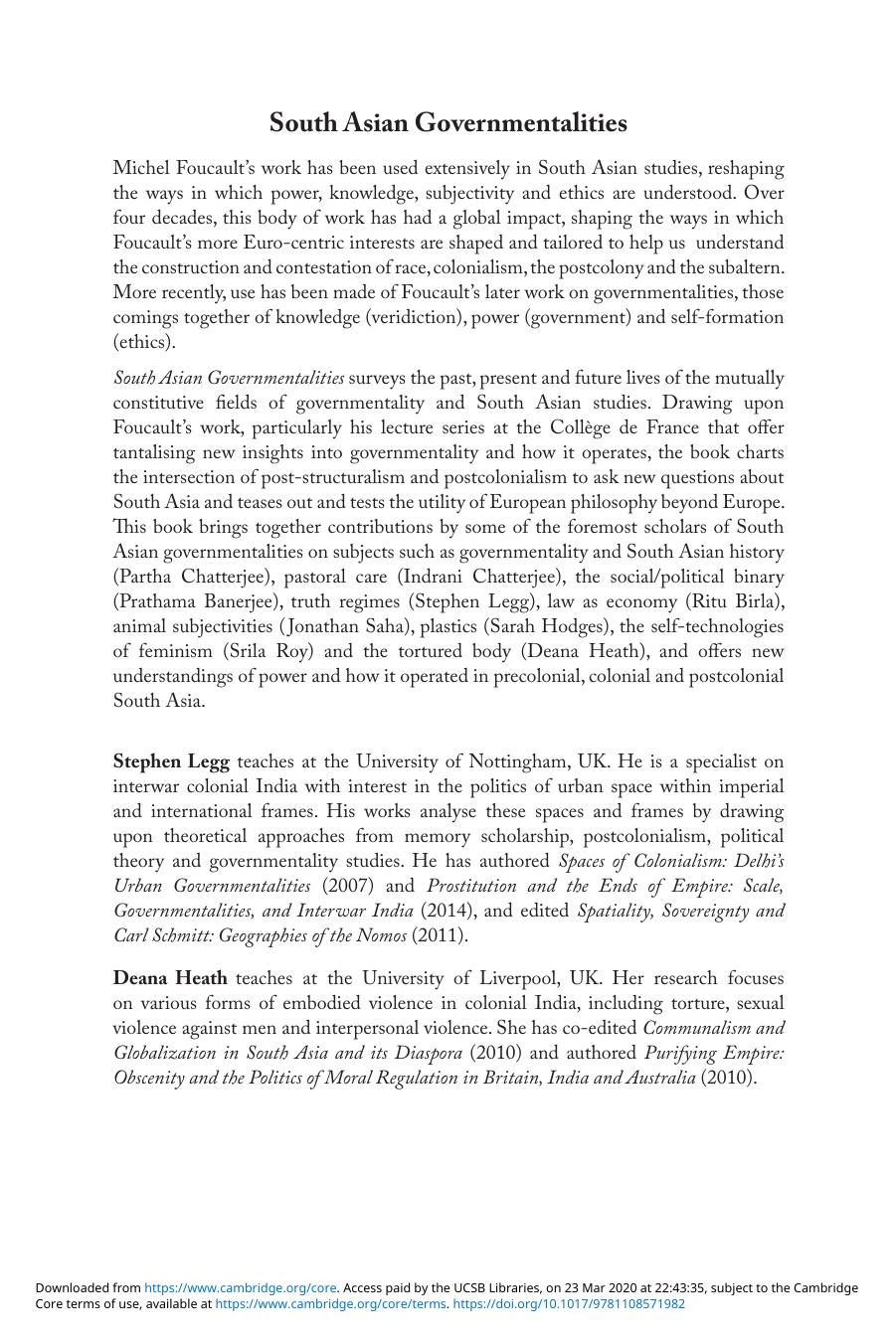 South Asian Governmentalities. Michel Foucault and the Question of Postcolonial Orderings by Stephen Legg Diana Heath