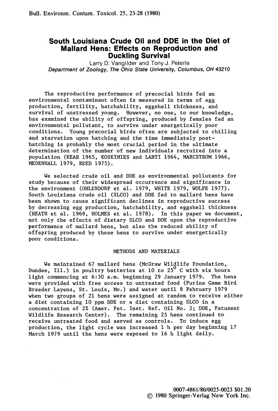 South Louisiana crude oil and DDE in the diet of mallard hens: Effects on reproduction and duckling survival by Unknown