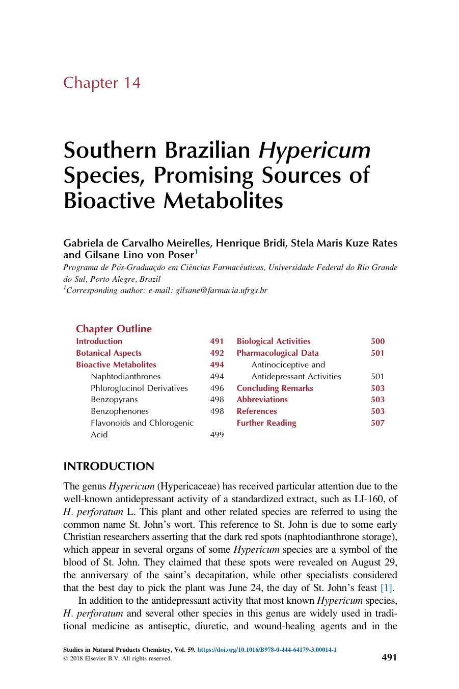 Southern Brazilian Hypericum Species, Promising Sources of Bioactive Metabolites by Gabriela de Carvalho Meirelles & Henrique Bridi & Stela Maris Kuze Rates & Gilsane Lino von Poser