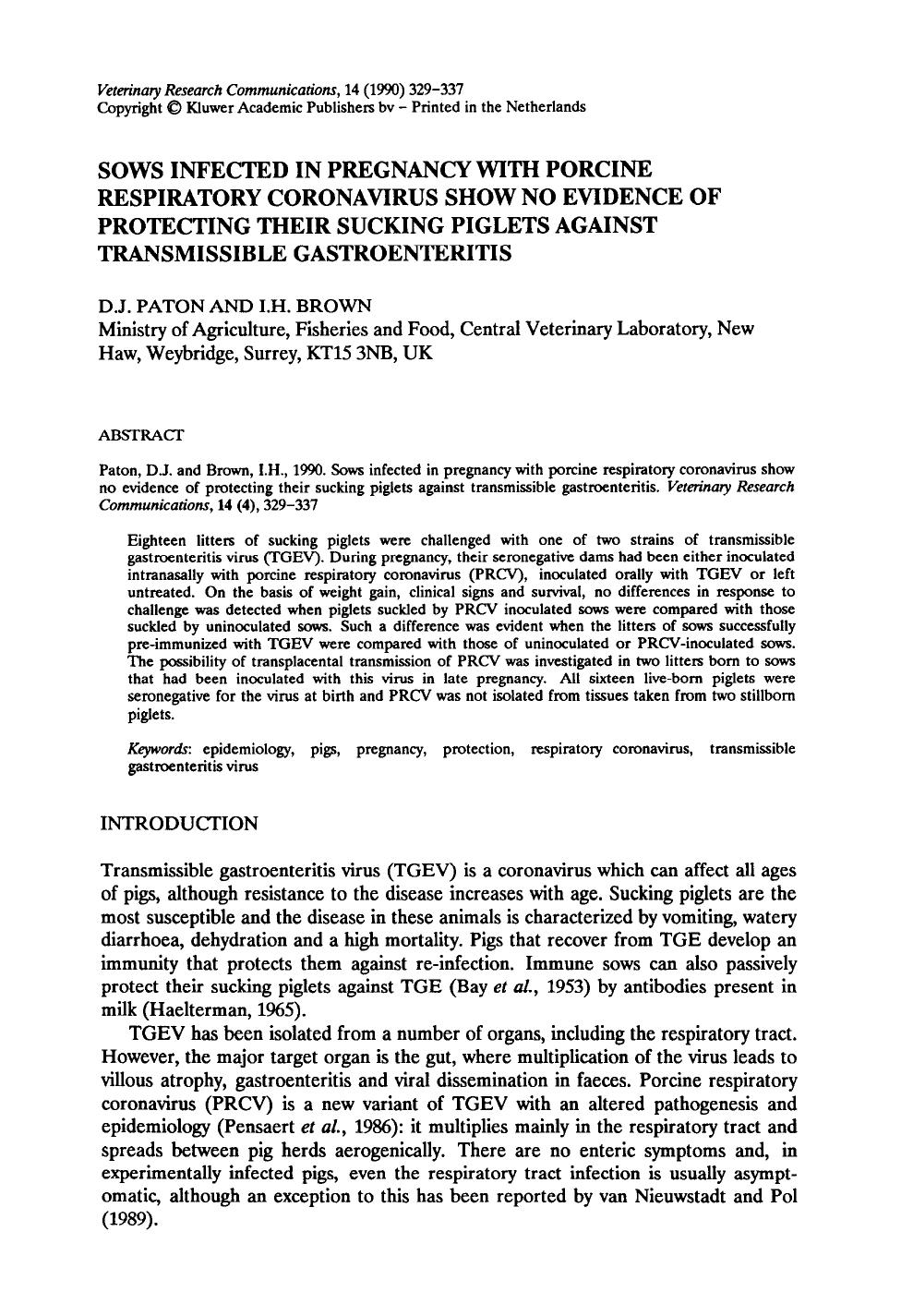Sows infected in pregnancy with porcine respiratory coronavirus show no evidence of protecting their sucking piglets against transmissible gastroenteritis by Unknown