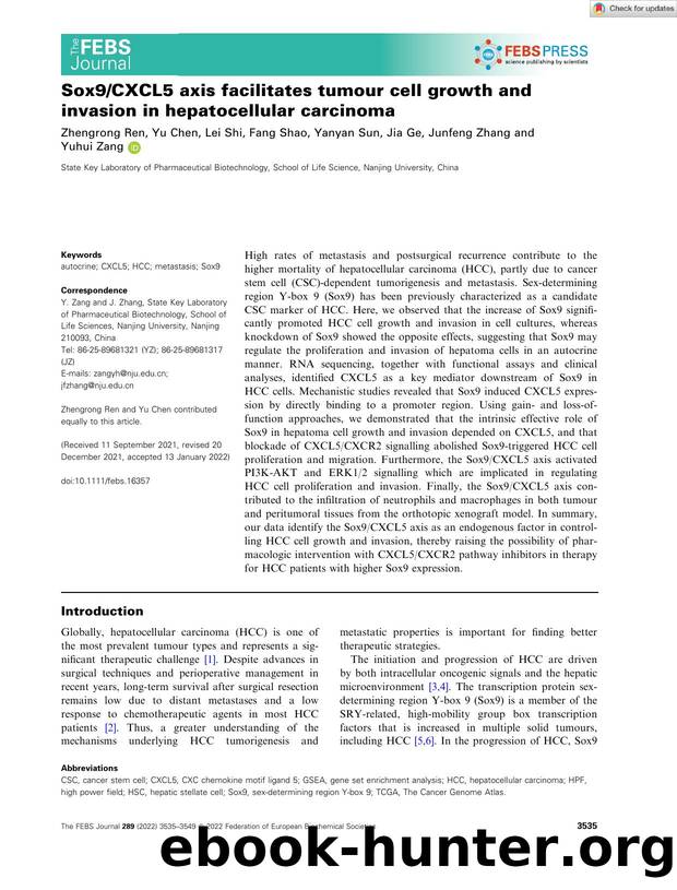 Sox9CXCL5 axis facilitates tumour cell growth and invasion in hepatocellular carcinoma by Unknown