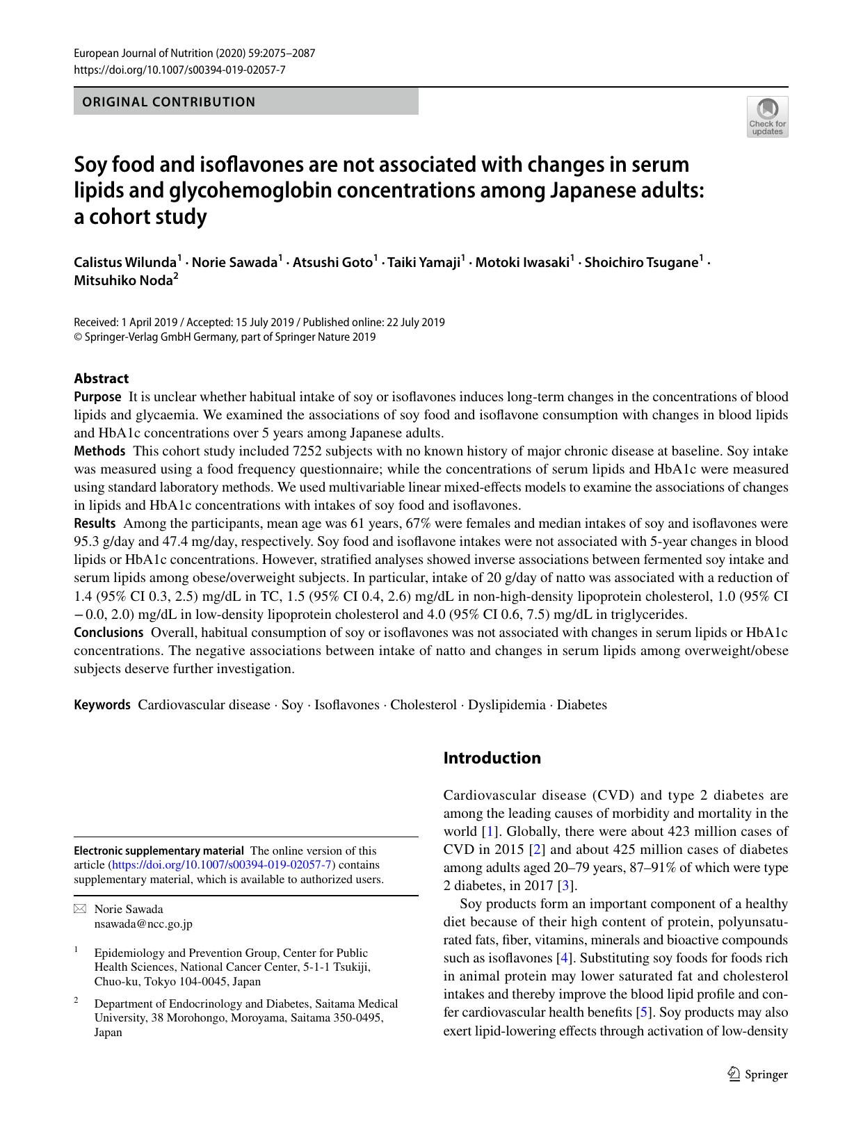 Soy food and isoflavones are not associated with changes in serum lipids and glycohemoglobin concentrations among Japanese adults: a cohort study by unknow