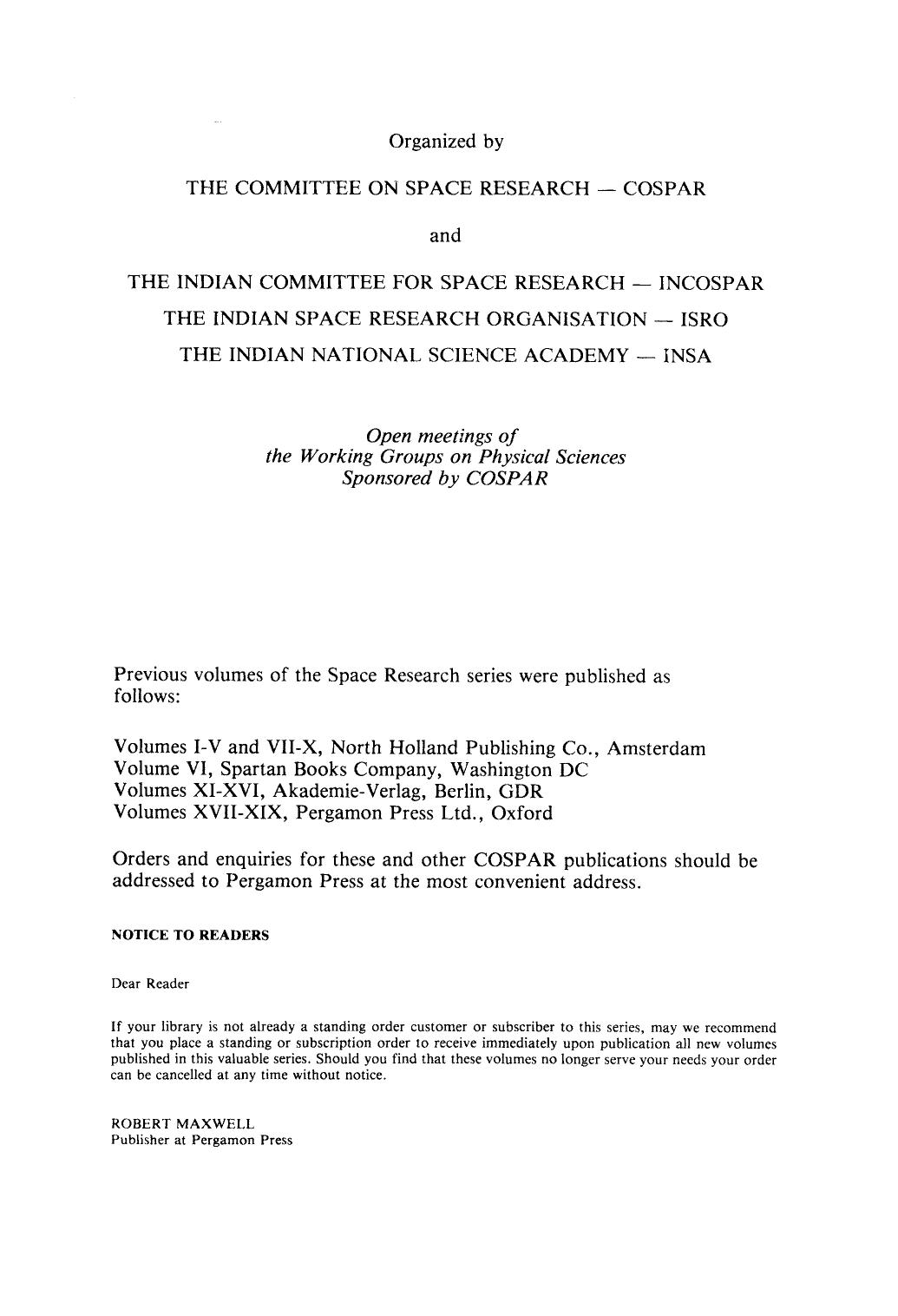 Space Research: Proceedings of the Open Meetings of the Working Groups on Physical Sciences of the Twenty-Second Plenary Meeting of COSPAR Bangalore, India 29 May â 9 June 1979 by M.J. Rycroft (Eds.)