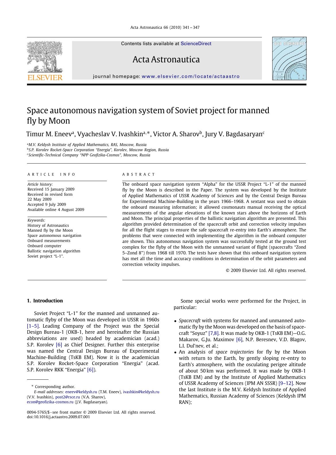 Space autonomous navigation system of Soviet project for manned fly by Moon by Timur M. Eneev; Vyacheslav V. Ivashkin; Victor A. Sharov; Jury V. Bagdasaryan