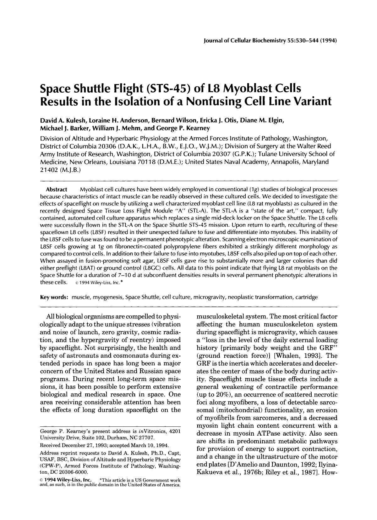 Space shuttle flight (STS-45) of L8 myoblast cells results in the isolation of a nonfusing cell line variant by Unknown