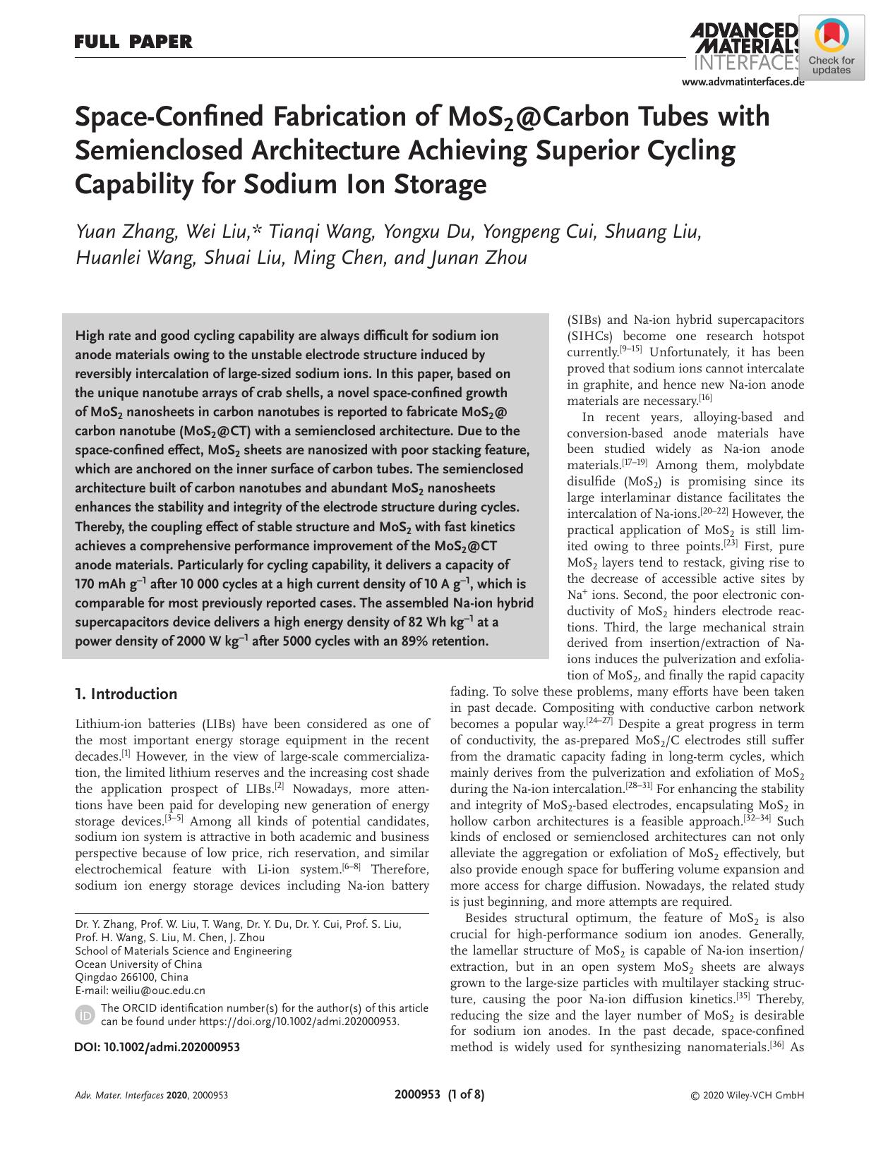SpaceâConfined Fabrication of MoS2@Carbon Tubes with Semienclosed Architecture Achieving Superior Cycling Capability for Sodium Ion Storage by Unknown