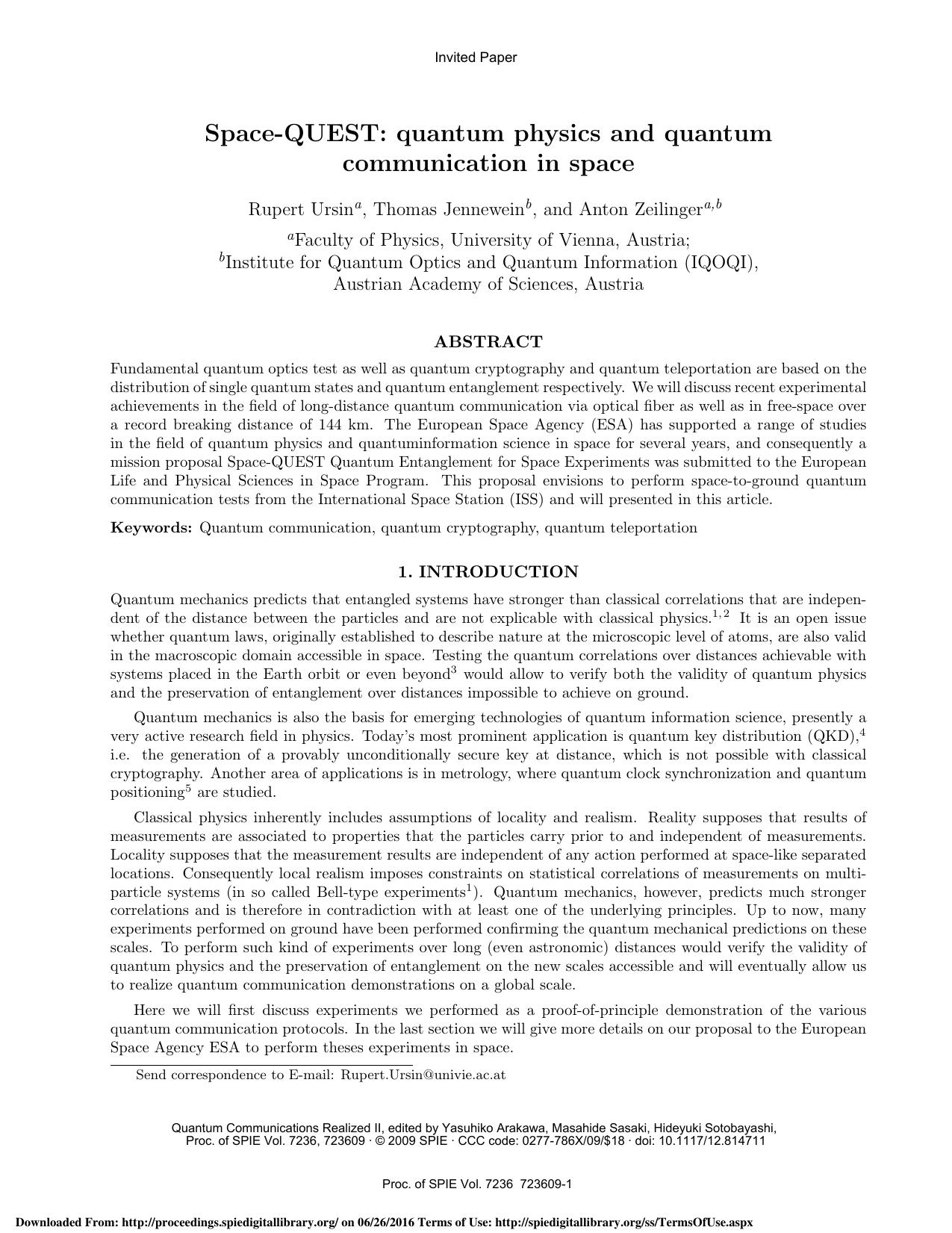 Space-QUEST: quantum physics and quantum communication in space by Unknown