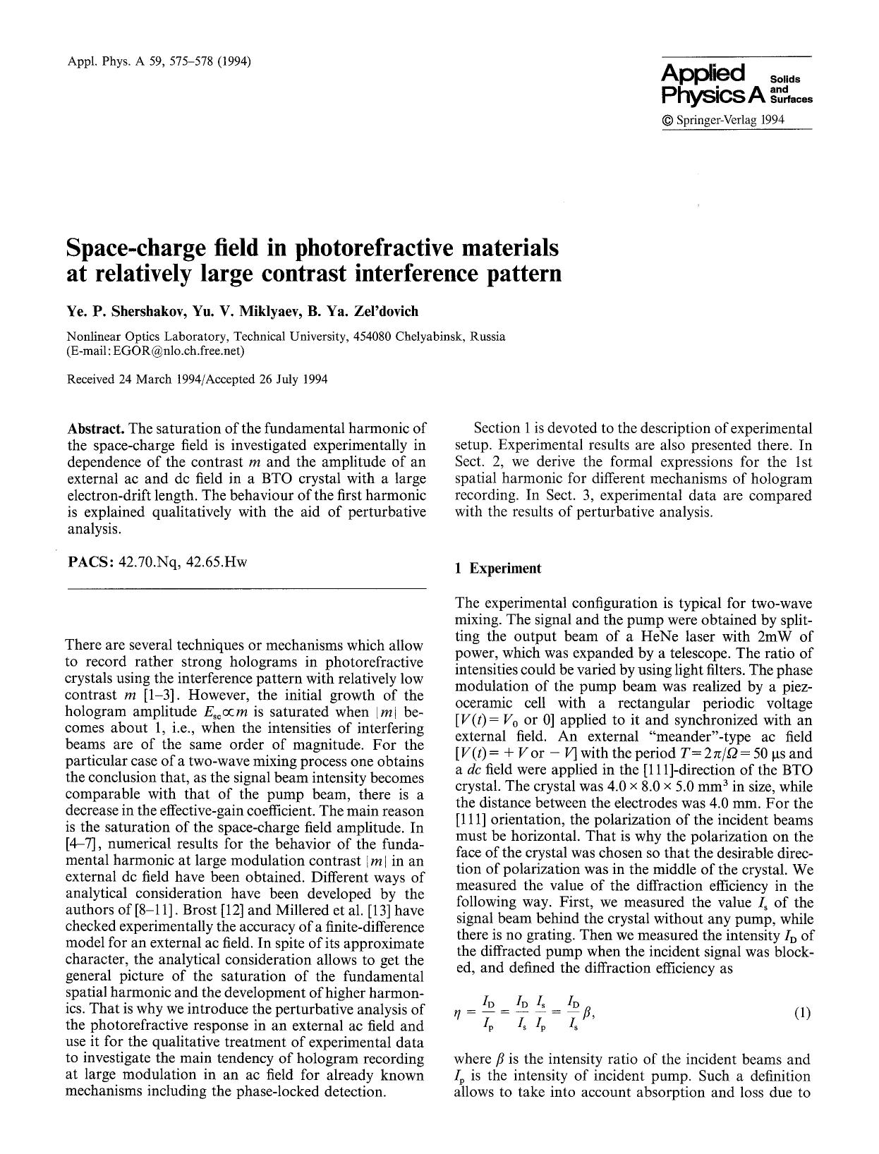 Space-charge field in photorefractive materials at relatively large contrast interference pattern by Unknown