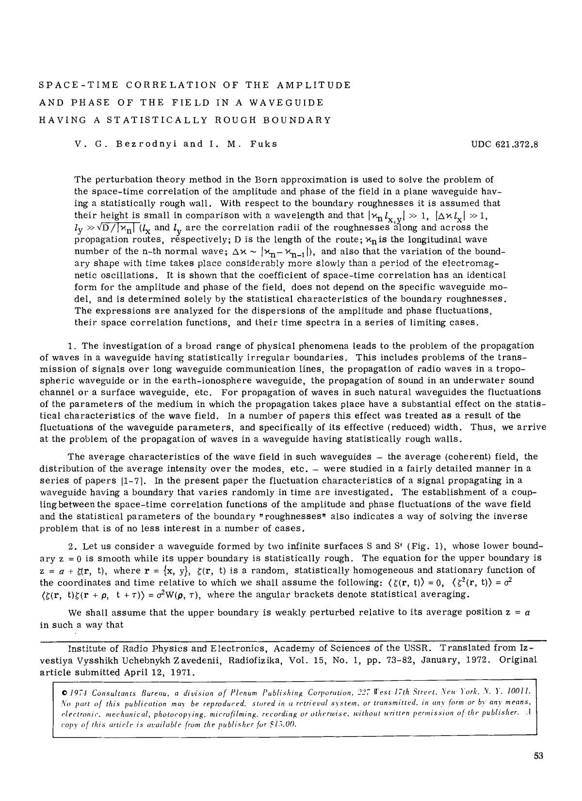 Space-time correlation of the amplitude and phase of the field in a waveguide having a statistically rough boundary by Unknown