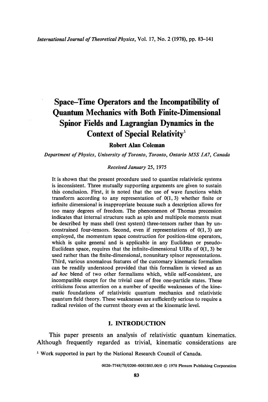 Space-time operators and the incompatibility of quantum mechanics with both finite-dimensional spinor fields and Lagrangian dynamics in the context of special relativity by Unknown