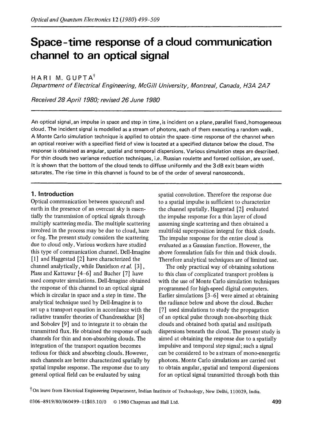 Space-time response of a cloud communication channel to an optical signal by Unknown